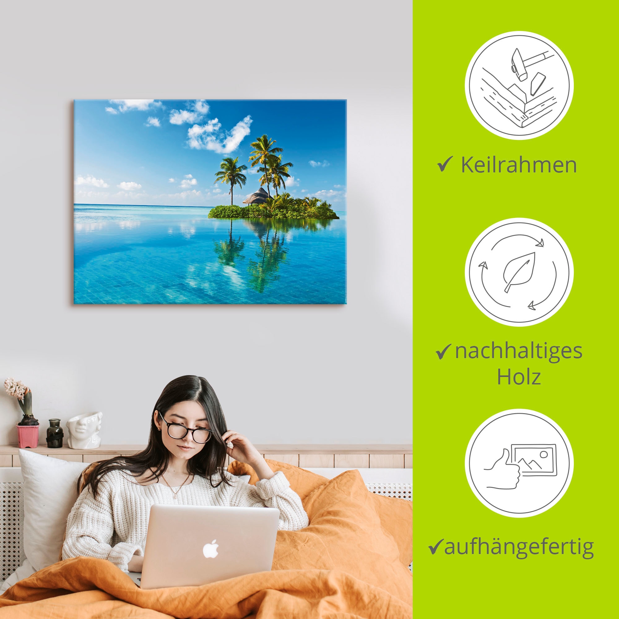 Artland Leinwandbild »Tropisches Paradies - Insel Palmen Meer« Amerika 1 Stk. tlg. auf Holzrahmen gespannt