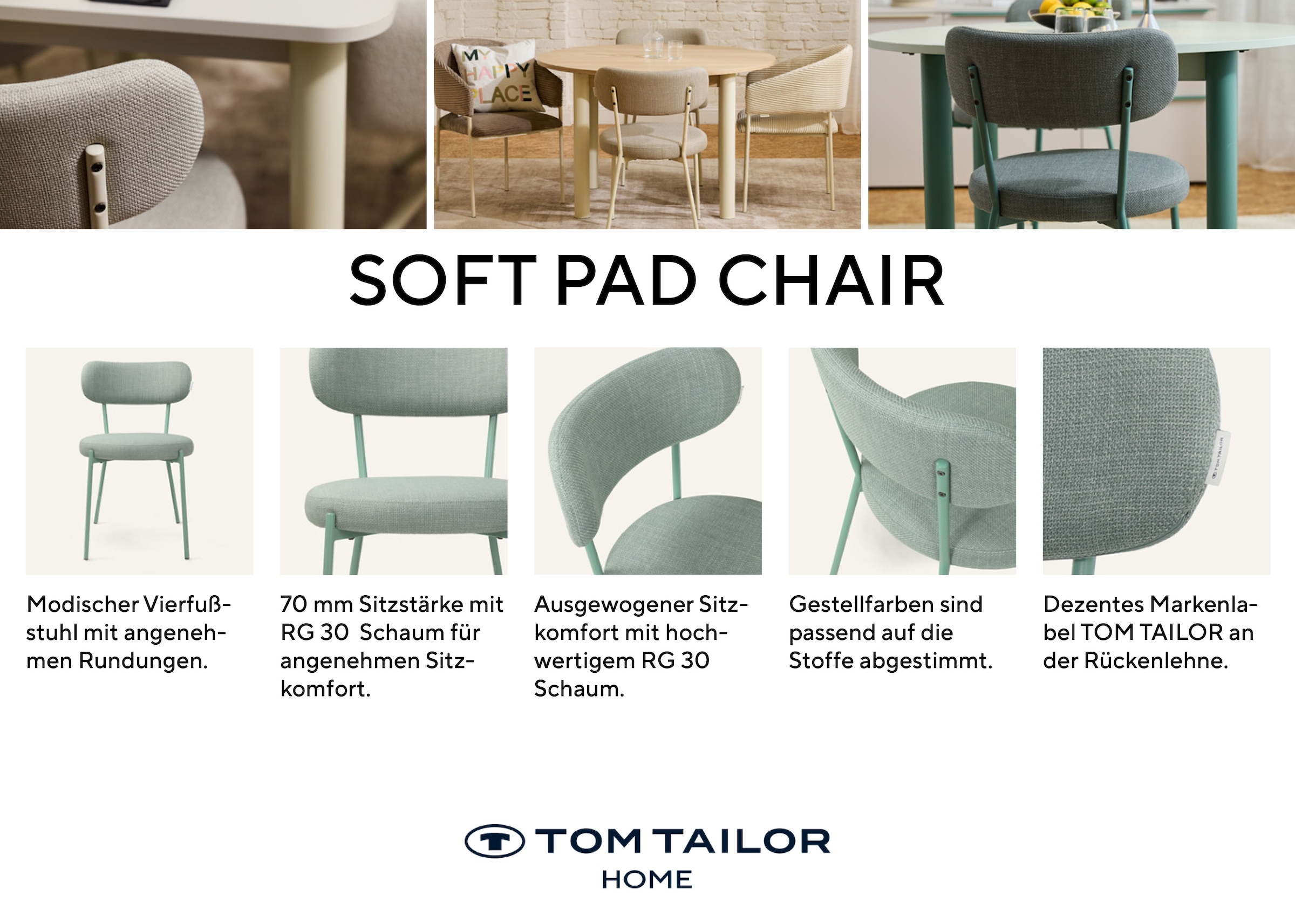 TOM TAILOR HOME Chaise à 4 pieds »SOFT PAD CHAIR« (Set) 2 cuisEsszimmerstuhl, 4-Fussgestell, mit Rückenausschnitt