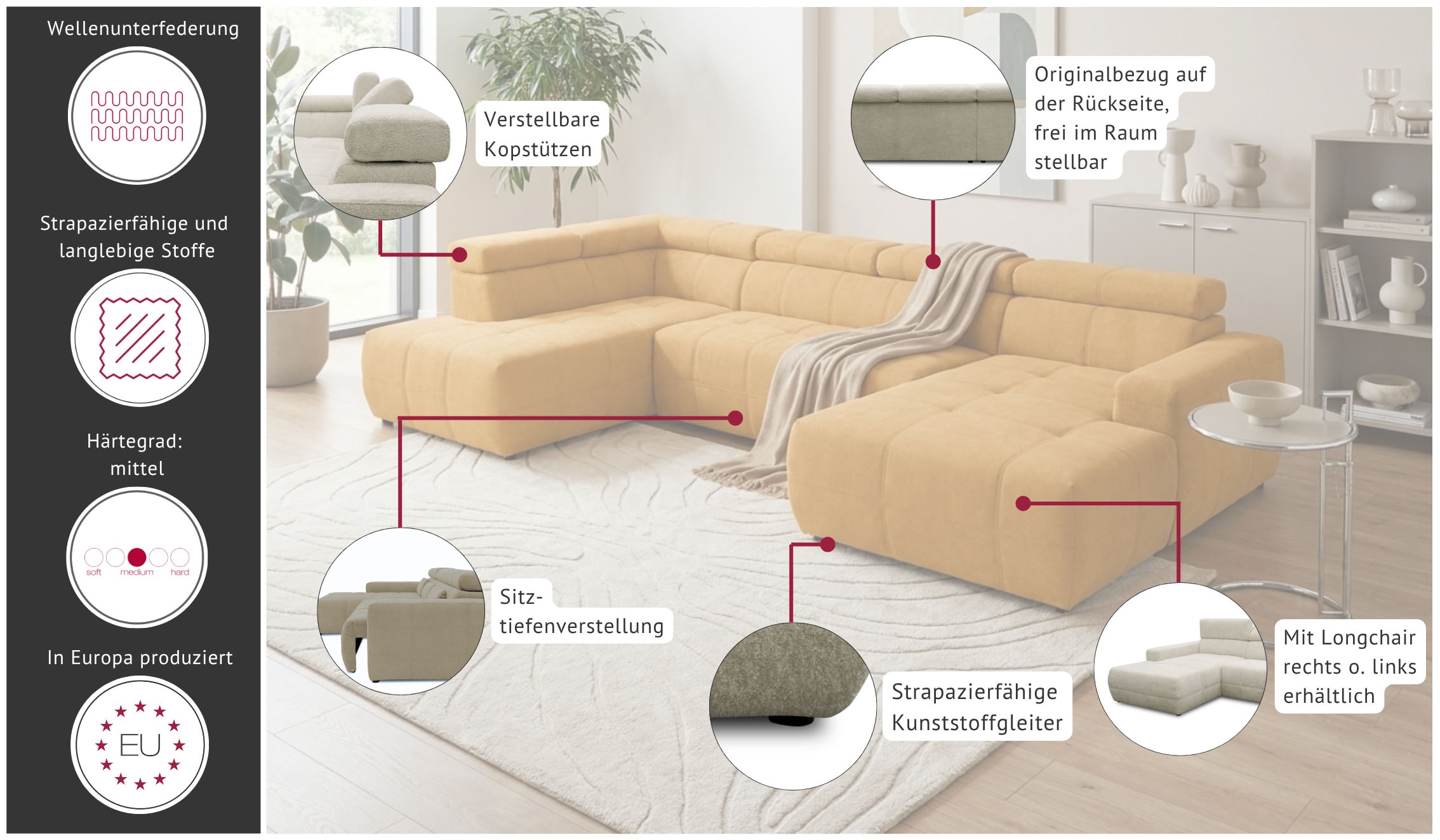 GOODproduct Wohnlandschaft »Ballerup 359 x 228 cm, auch mit verstellbarer Sitztiefe« Kopfteile verstellbar, aus pflegeleichtem, weichem Bezugsstoff, U-Form