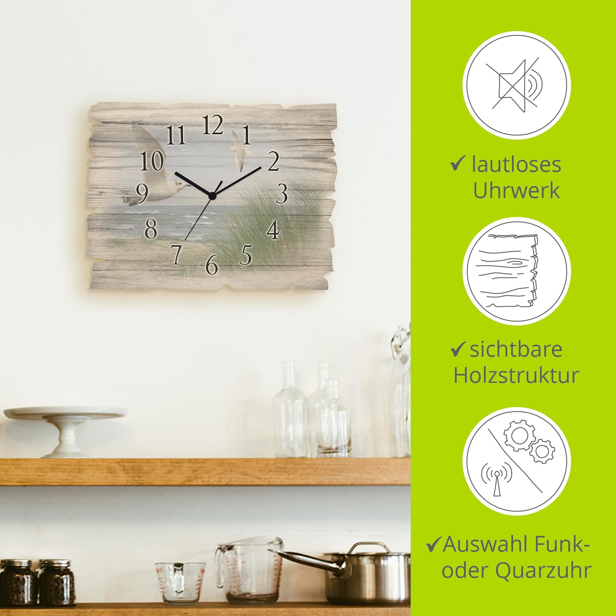 Artland Wanduhr »Nordseestrand mit Möwen« wahlweise mit  Quarz- oder Funkuhrwerk, lautlos ohne Tickgeräusche