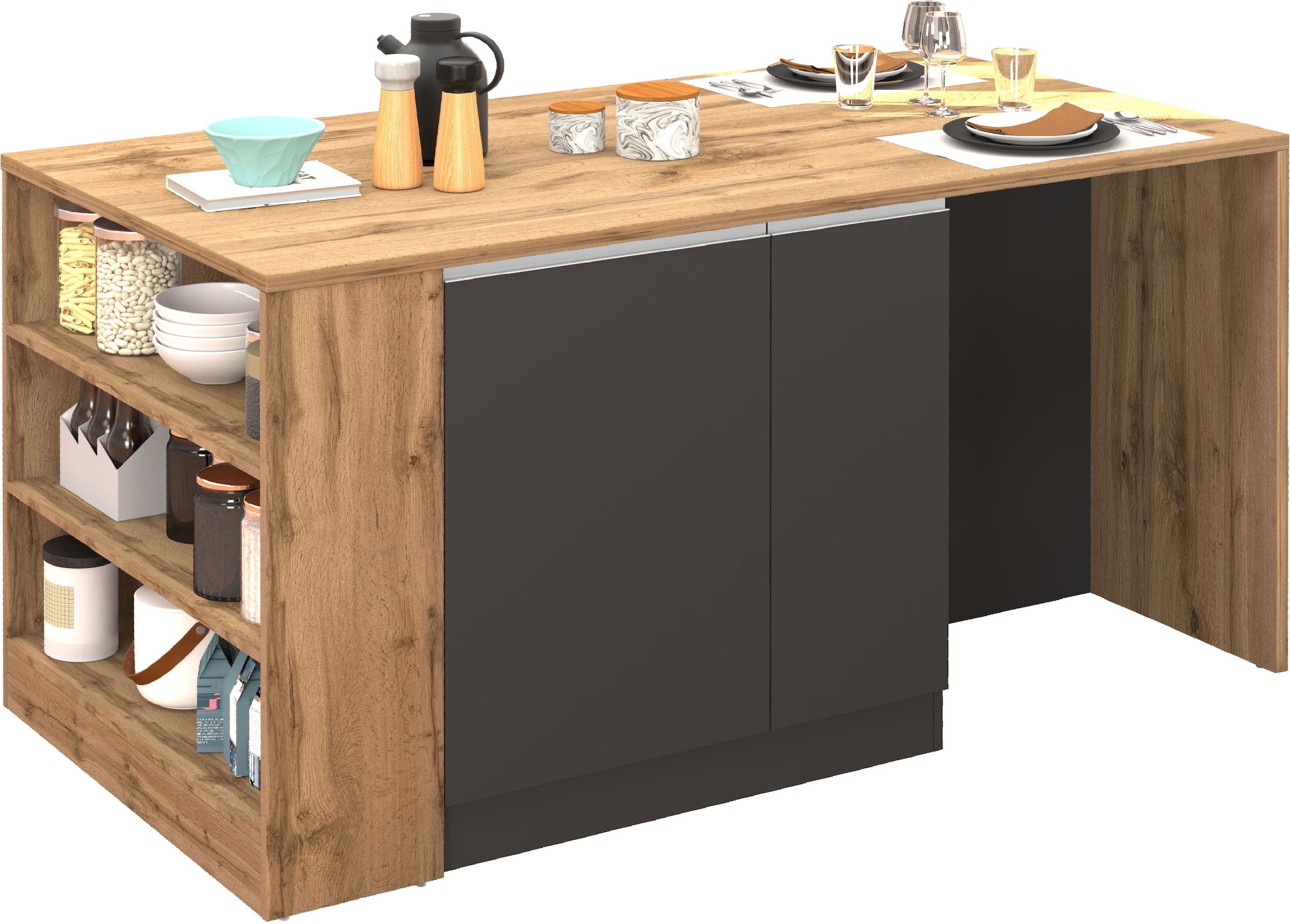KOCHSTATION Ilot de cuisine »KS-Sole, Kochinsel, Küchenarbeitsblock, Arbeitsinsel, Made in Italy« Breite 167,5 cm, 2 Apothekerauszüge, 2 Essplätze, 1 offenes Regal