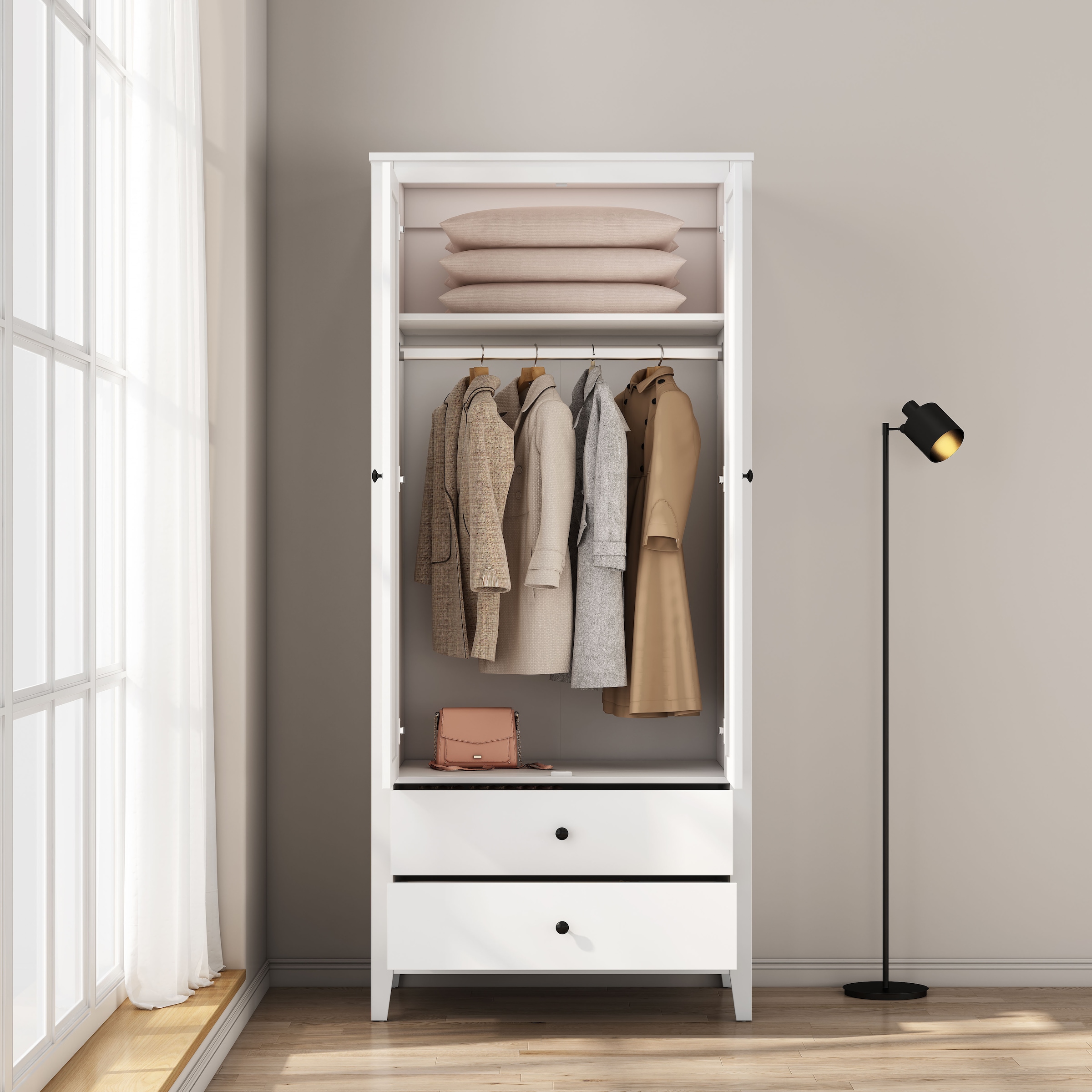 GOODproduct Armoires à vêtements »Borkum Schlafzimmerschrank Garderobe Landhaus Bestseller weiss« hochwertige schwarze Griffe aus Metall,  Schlafzimmerschrank mit 2 Türen und 2 Schubladen