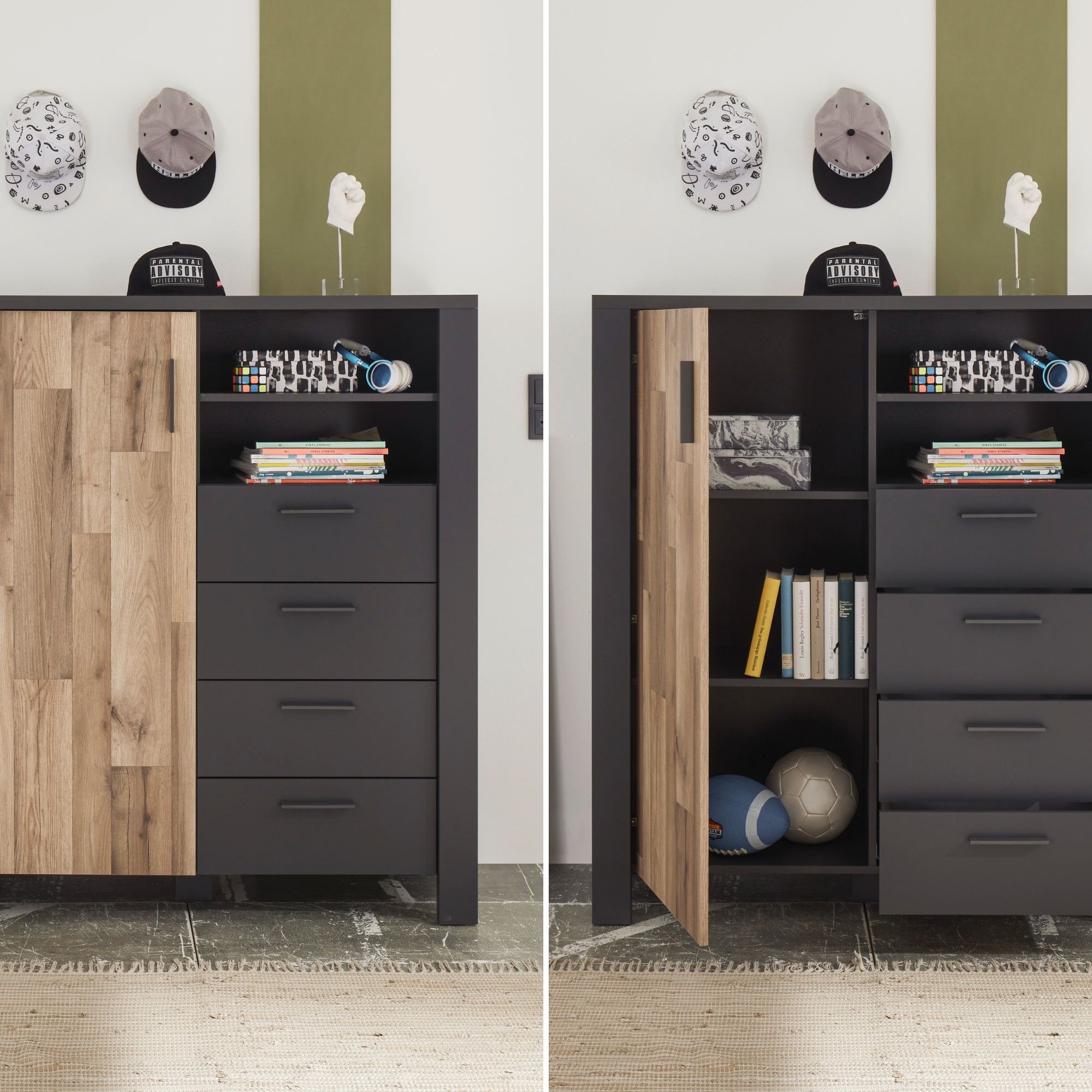 Begabino Schubkastenkommode »Dallas Hochkommode, Sideboard, Wäscheschrank« mit Schubkästen, Schrank in Montana Oak-Graphit