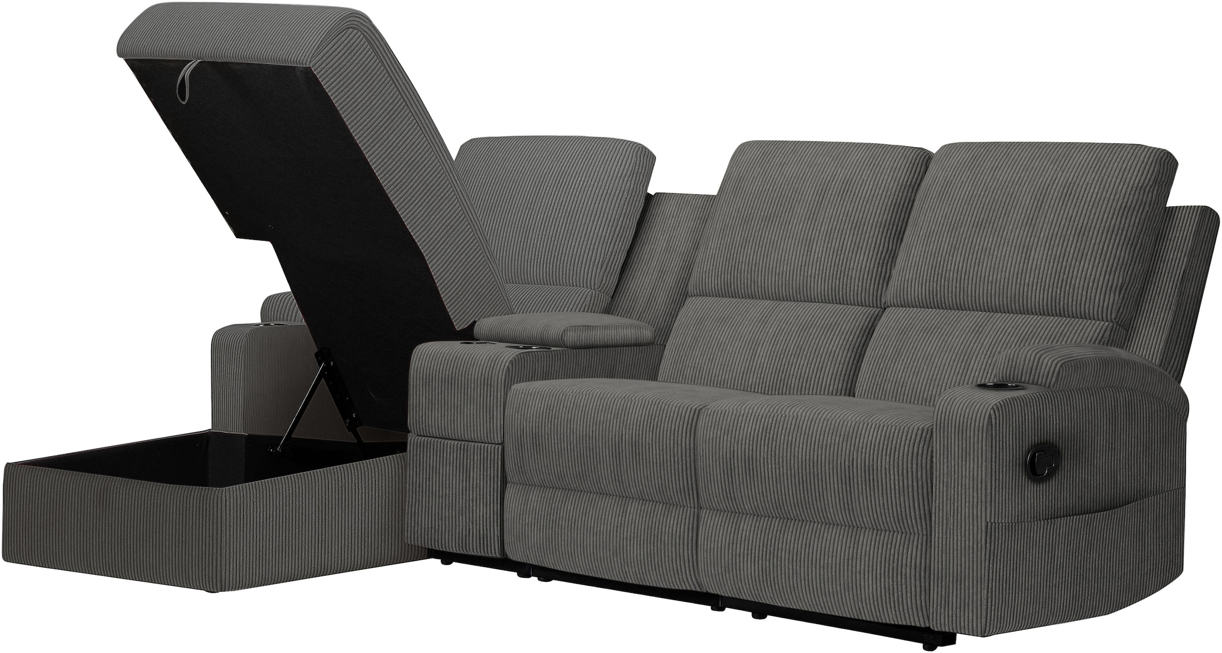 GOODproduct Canapé d'angle »NAPORI Multimediasofa, 3er Kinosessel XXL, L-Form, Cord« Kinosofa mit Relaxfunktion, Getränkehalter, Staufach und Staukasten