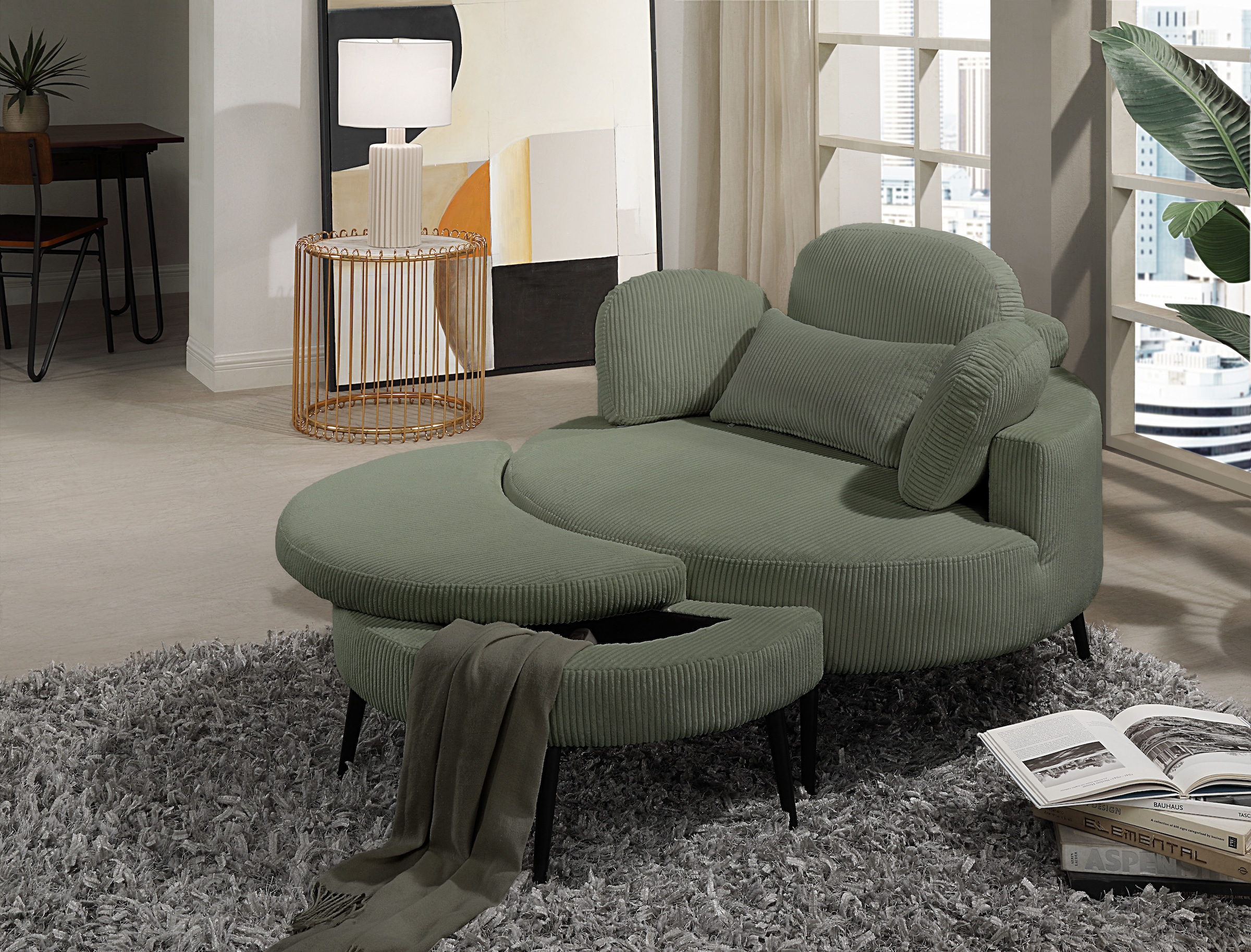 GOODproduct Loveseat »Riko Sessel, B: 110 cm, Sitzhöhe: 44 cm« XXL- Sessel, mit Stauraumhocker, Rückenstütze & 4 Zierkissen