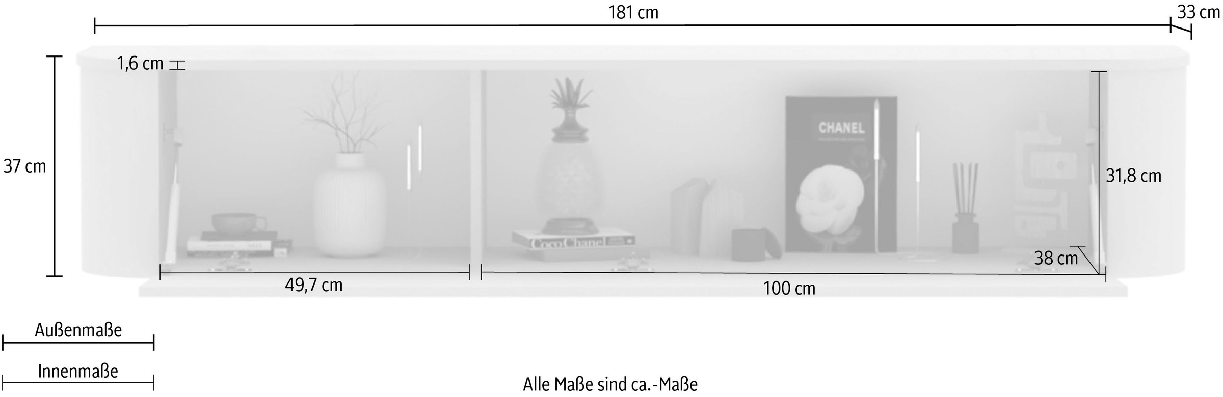GOODproduct Lowboard »Lido, 181 cm breit, 1 Klappe, TV-Schrank, TV-Kommode, Medienboard« Formgebogenes MDF, Stirnseiten Rundung, Push-to-open, hängend/stehend