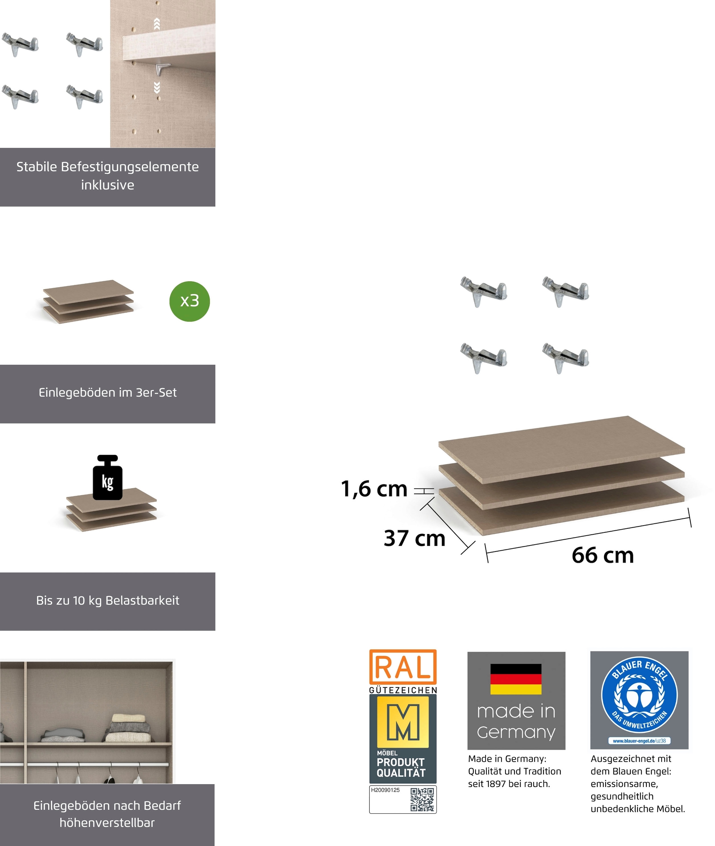 rauch Tablette de rangement »Zubehör für Schränke der Serie MINOSA Schranktiefe 41 bzw. 48 cm« lot de 2 largeur 66 cm, profondeur 37 cm