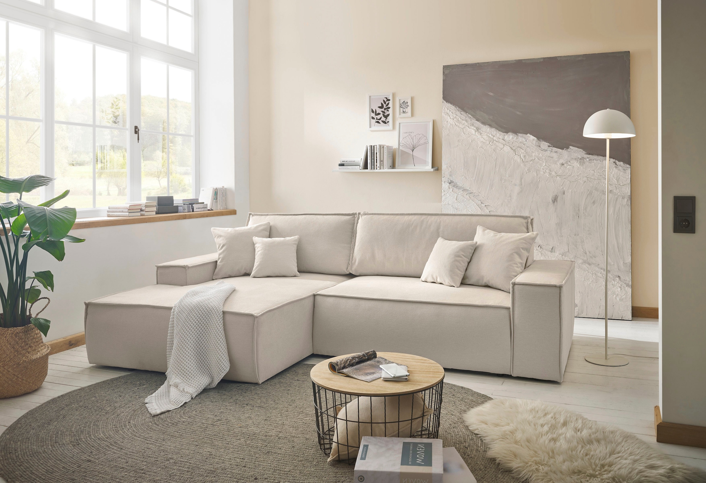 andas Ecksofa »FINNLEY Schlafsofa 267 cm, L-Form mit Schlaffunktion & Bettkasten« verfügbar in den Stoffqualitäten Bouclé, Struktur fein und Mega Cord