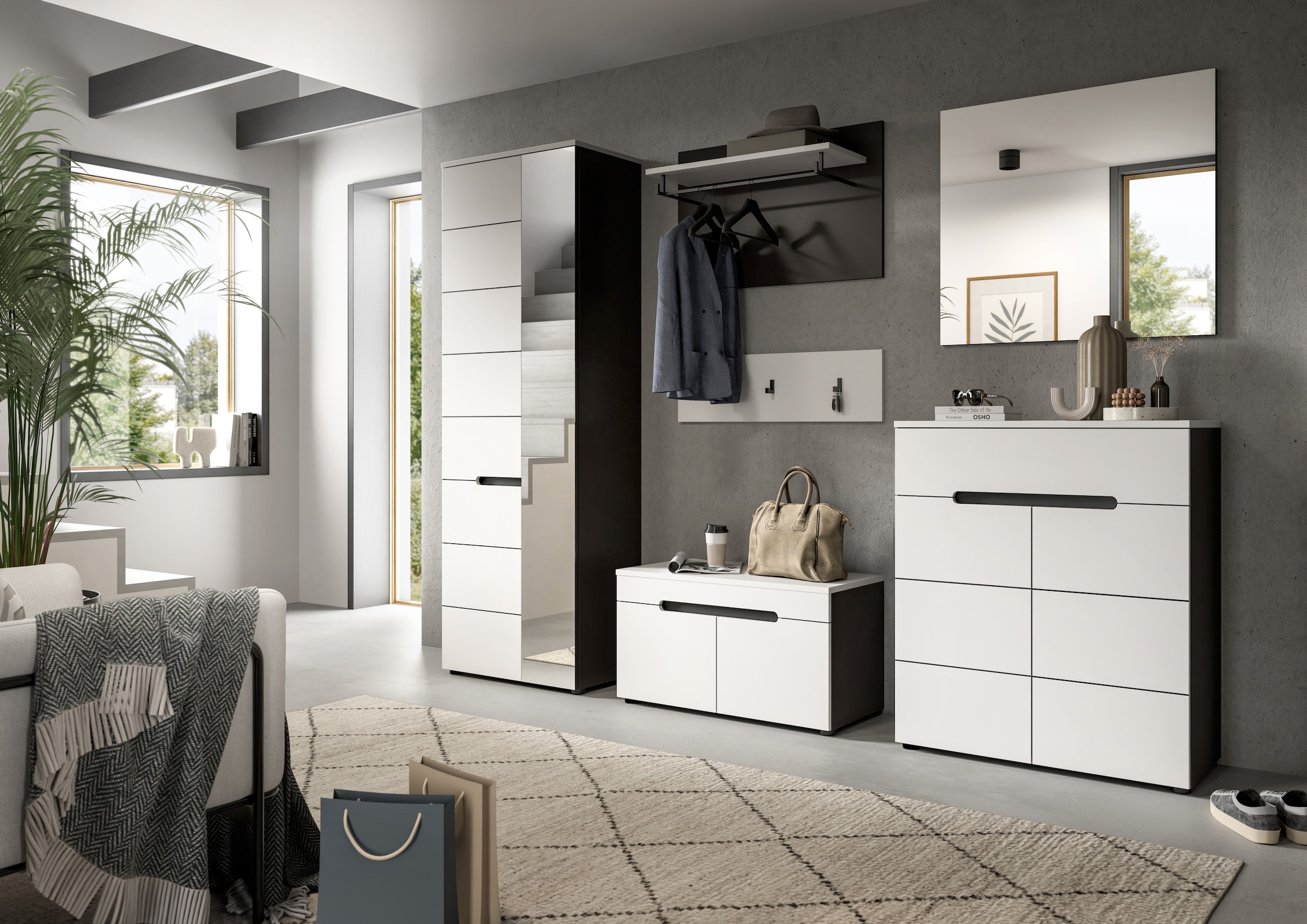 Home affaire Garderoben-Set »Rehat, Garderobenkombination, Breite 255cm« Garderobenschrank, Sitzbank, Paneel, Hakenleiste, Spiegel, Kommode, 6 Stk. tlg.