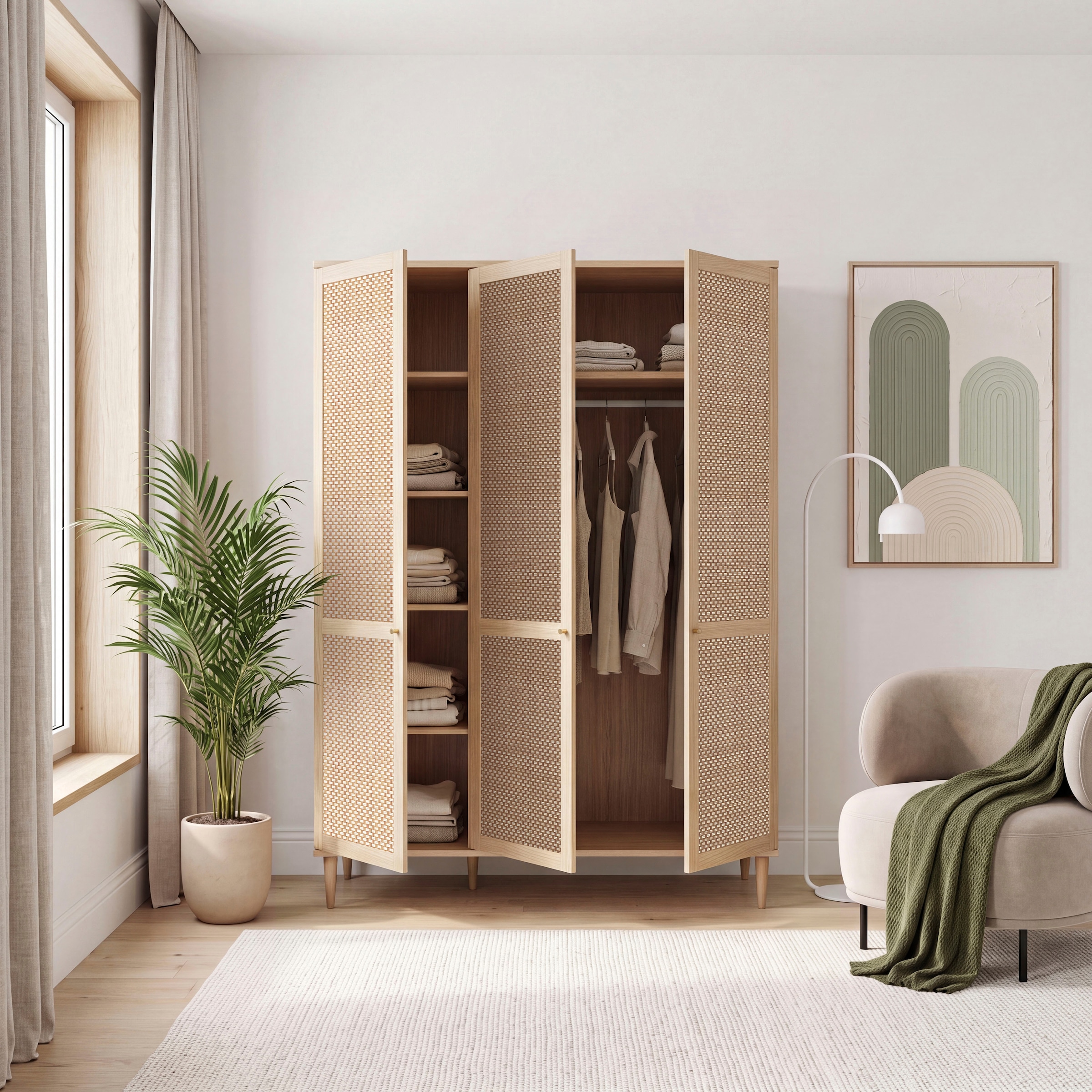 GOODproduct Kleiderschrank »ELLIAN mit Rattan, Wiener Geflechtoptik und warmem Holzdekor« Boho-Stil, Metallgriffe, Made in EU, viel Stauraum, FSC®, Vintage