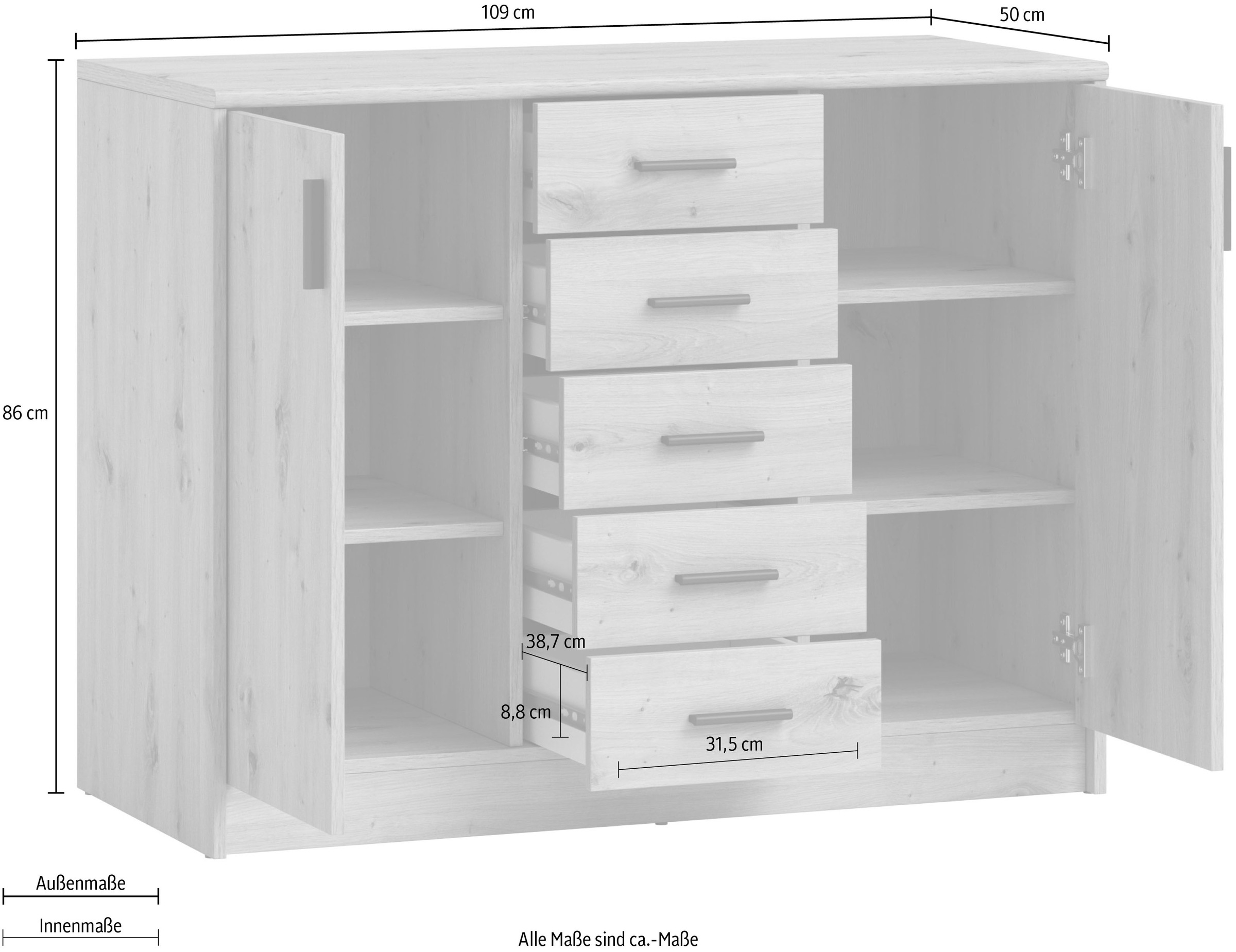 HBZ Sideboard »Nelly Kommode, BxHxT 109x86x50cm« 1 Stk. tlg. Breite 109cm, Einlegeböden verstellbar, foliert