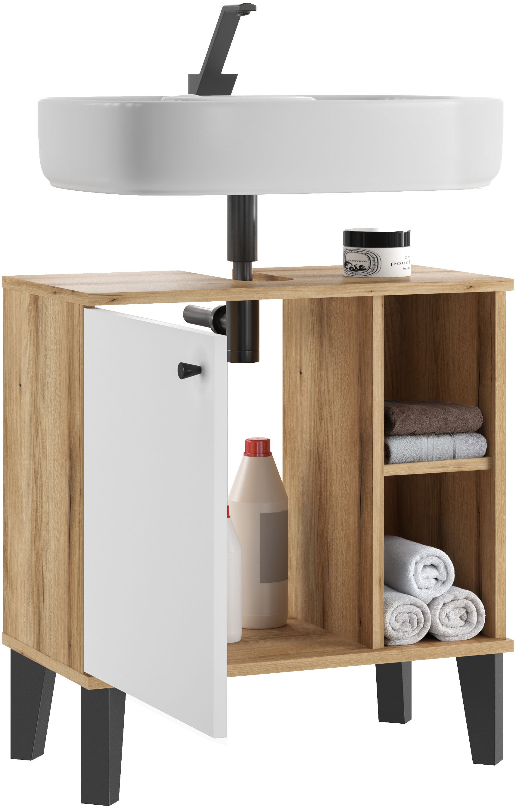 INOSIGN Armoire sous lavabo »Oslo, Waschtisch mit Knopfgriff, Badschrank im skandinavischen Design« in der Türfarbe Weiss oder Grau verfügbar, ausreichend Stauraum