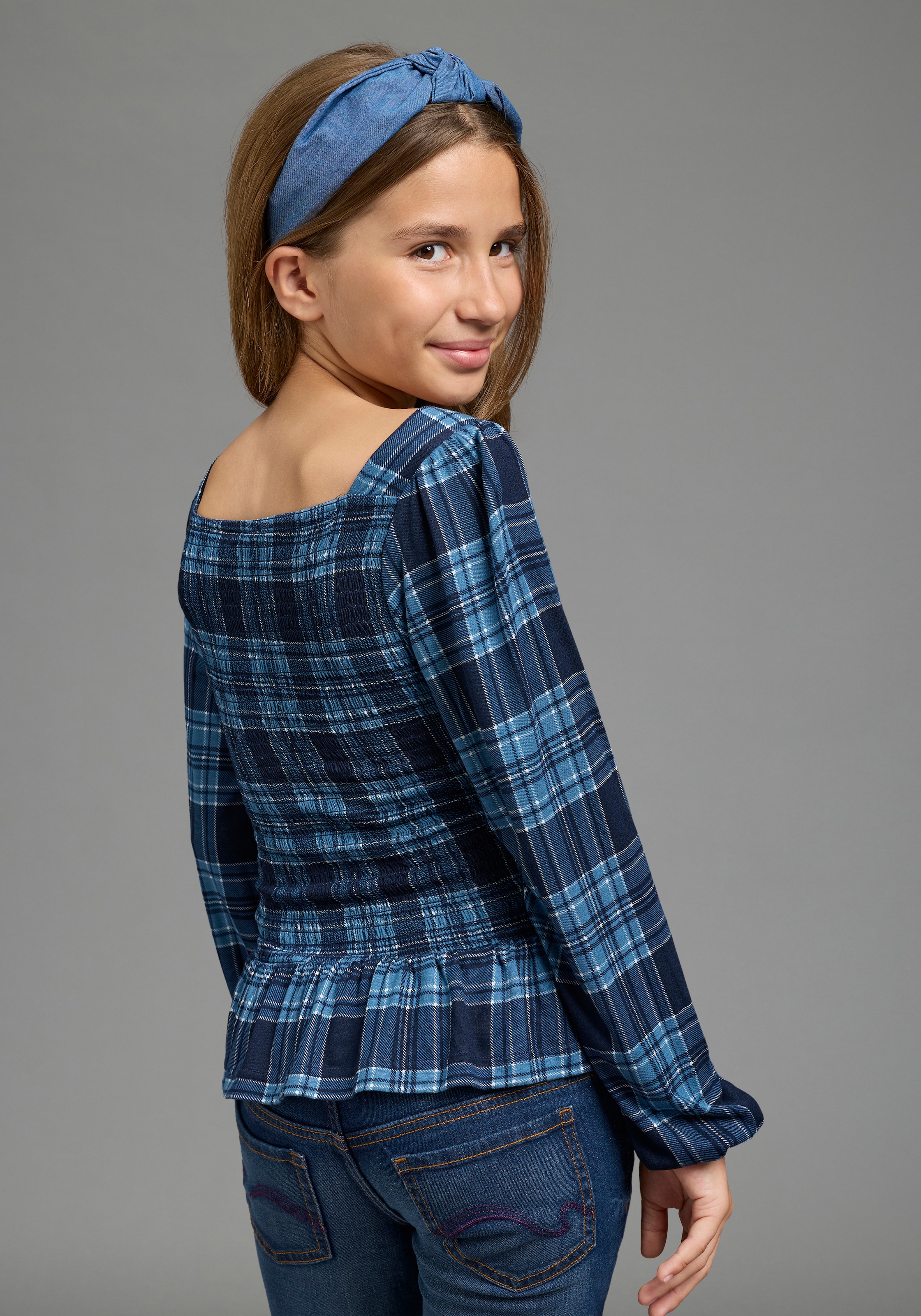 KangaROOS T-shirt à manches longues »Kariertes KangaROOS Viskose-Shirt mit Smoke-Partie« T-shirt en viscose doux avec manches bouffantes, à carreaux, bas smocké