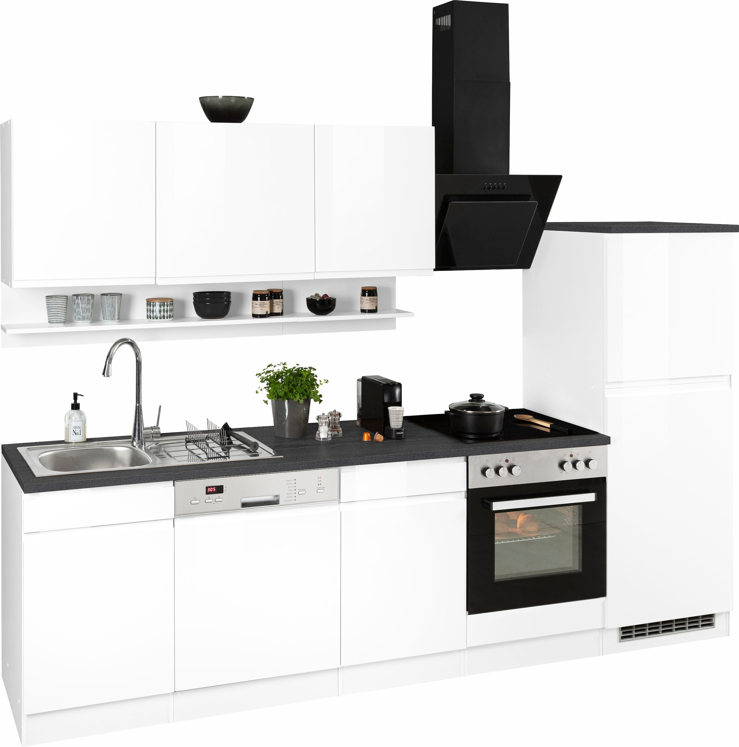 KOCHSTATION Kitchenette »KS-Virginia,neu in verbesserter Ausführung« plan de travail épaisseur 38 mm, rangement, fermeture douce,  Largeur 280 cm, fermeture douce, avec ou sans appareils électriques