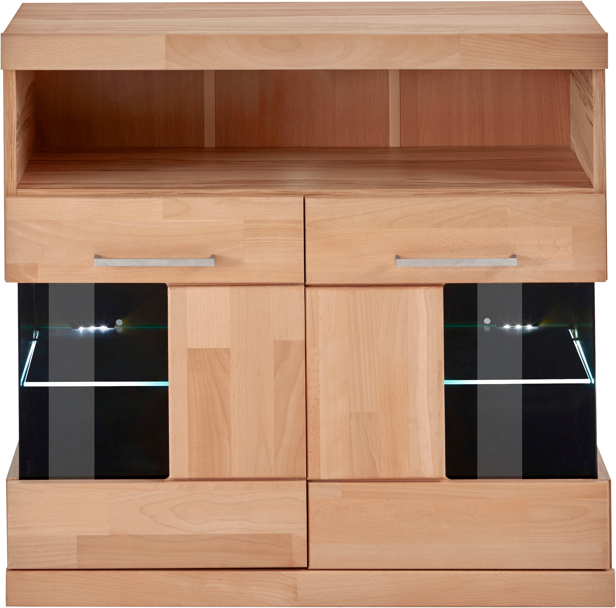 GOODproduct Kommode »Ribe 85cm breit,35 cm tief, Fronten Massivholz,2 Türen mit Glaseinsatz« Holz massiv, Holzwerkstoff,3 breite Fächer