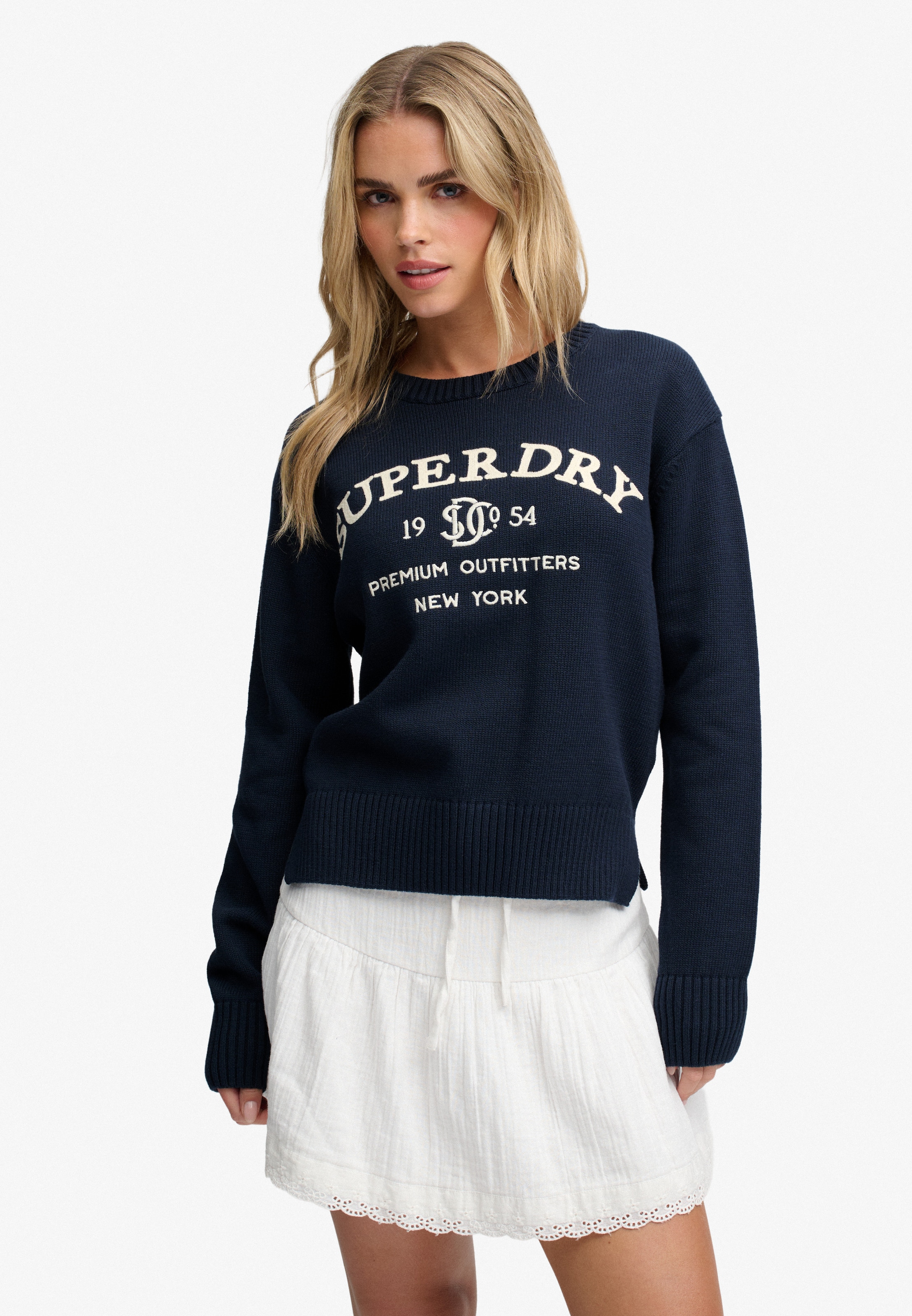 Superdry Pull en tricot »HERITAGE GRAPHIC JUMPER« coton, avec broderie de haute qualité