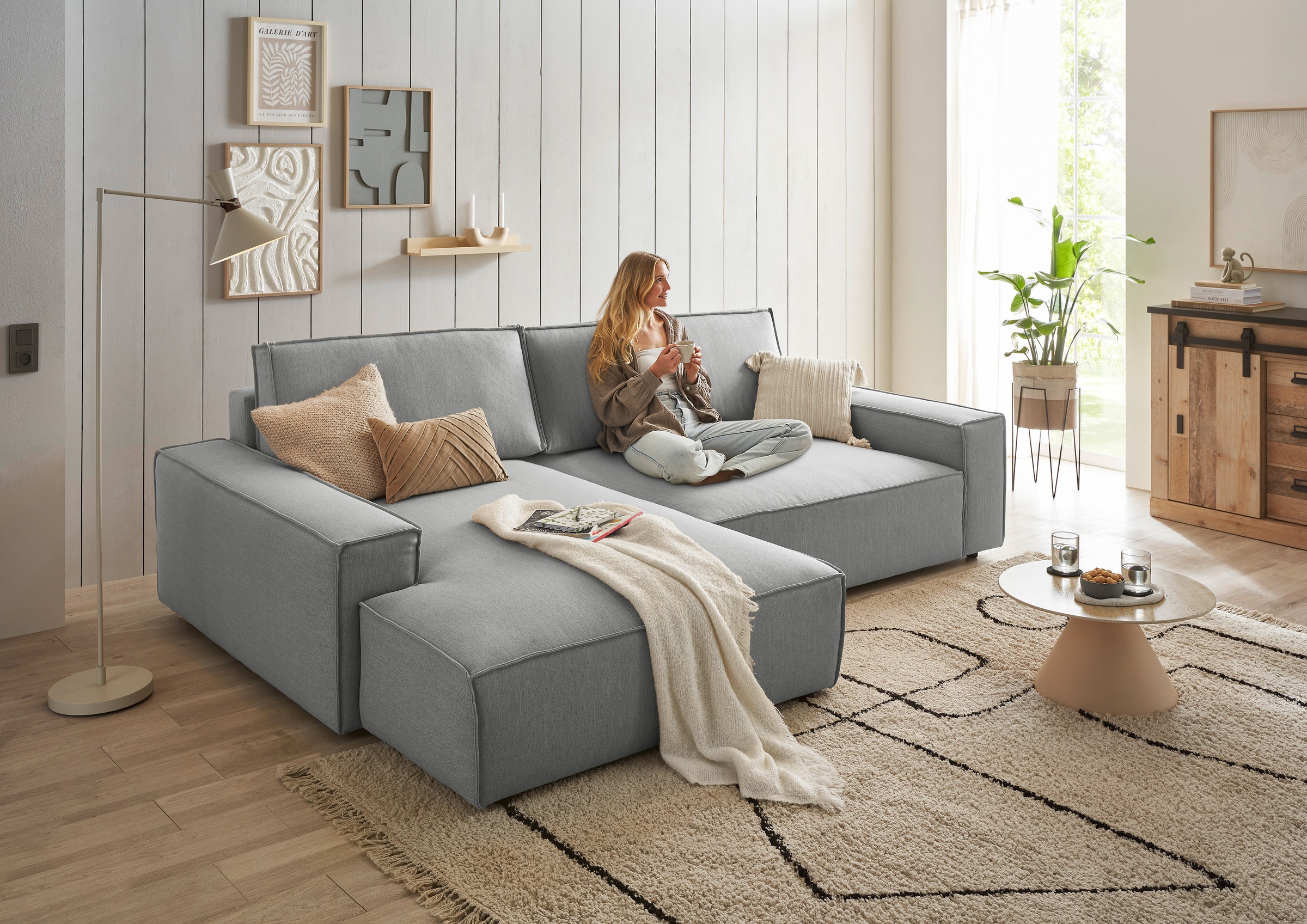 Home affaire Canapé d'angle »NEU: SHERWOOD XXL 284, Big-Sofa L-Form, tiefe Sitzfläche 95 cm, Cord« Recamiere rechts/links, als Schlafsofa stellbar, Cord u. Leinenoptik