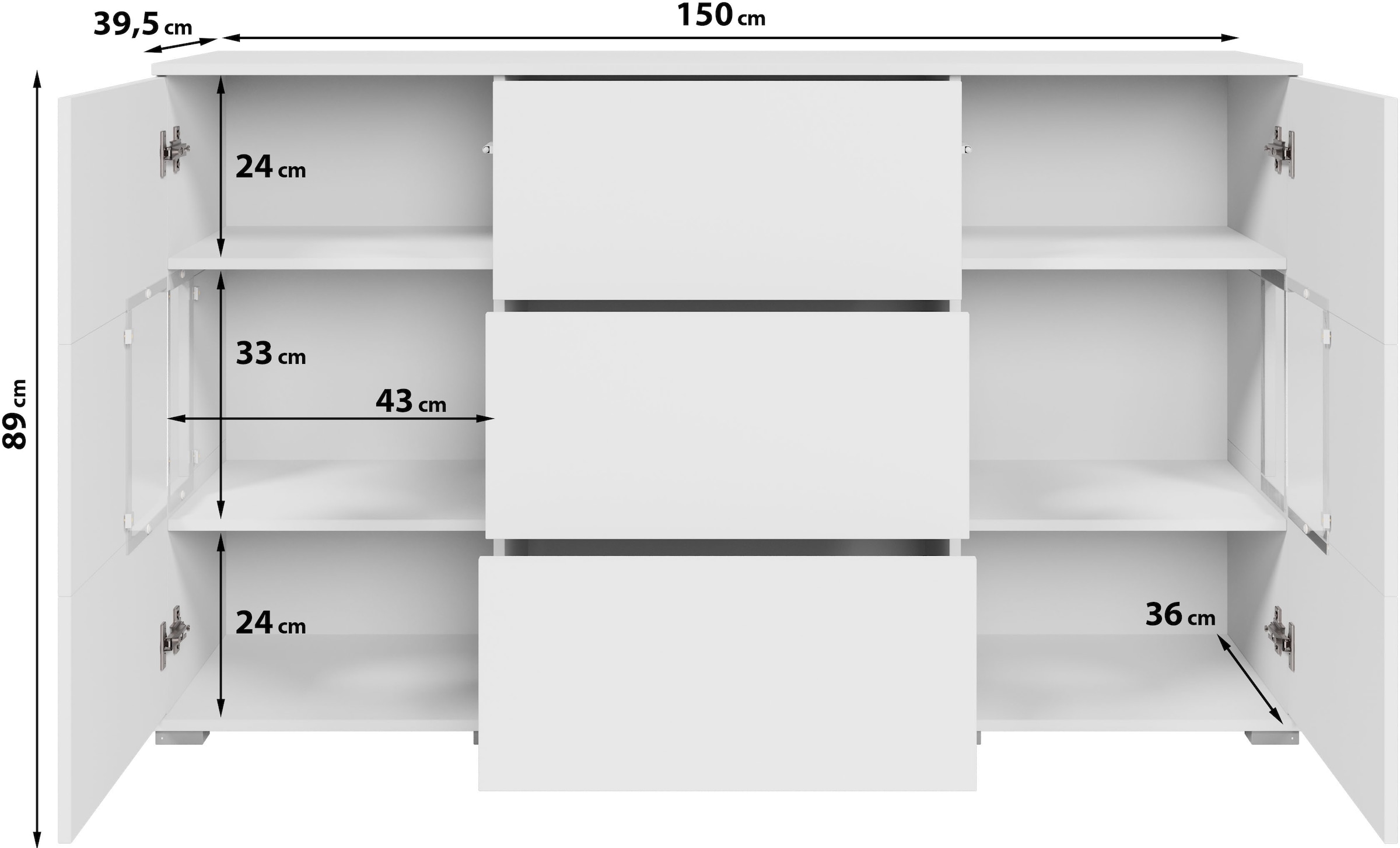 GOODproduct Buffet »Kenia« 1 cuis tlg. Buffet avec 3 tiroirs, 6 compartiments, portes en verre, largeur 150 cm