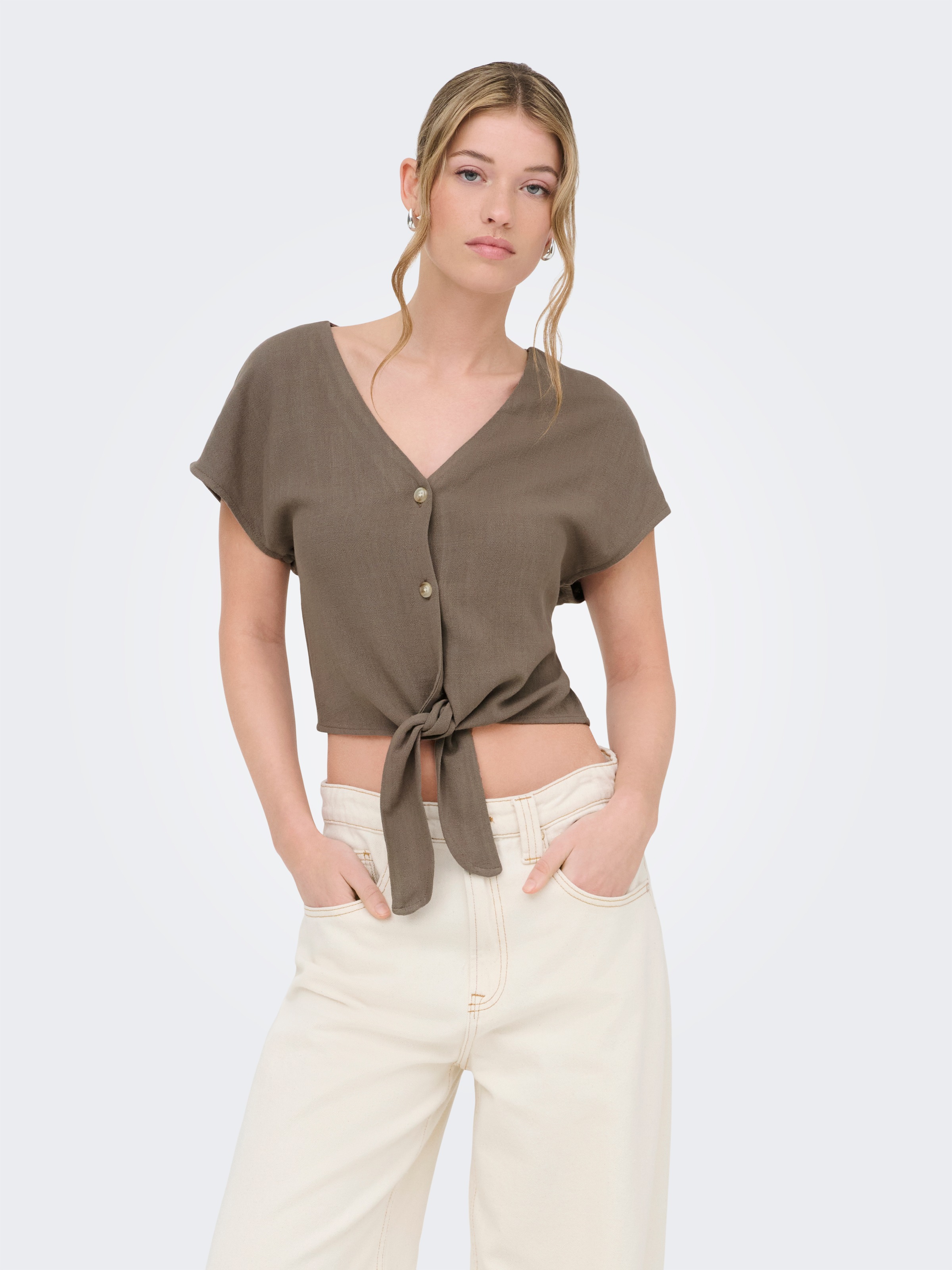ONLY Blouse à manches courtes »ONLSIESTA SS KNOT LIN BL SHIRT PNT NOOS« mélange viscose, coupe régulière