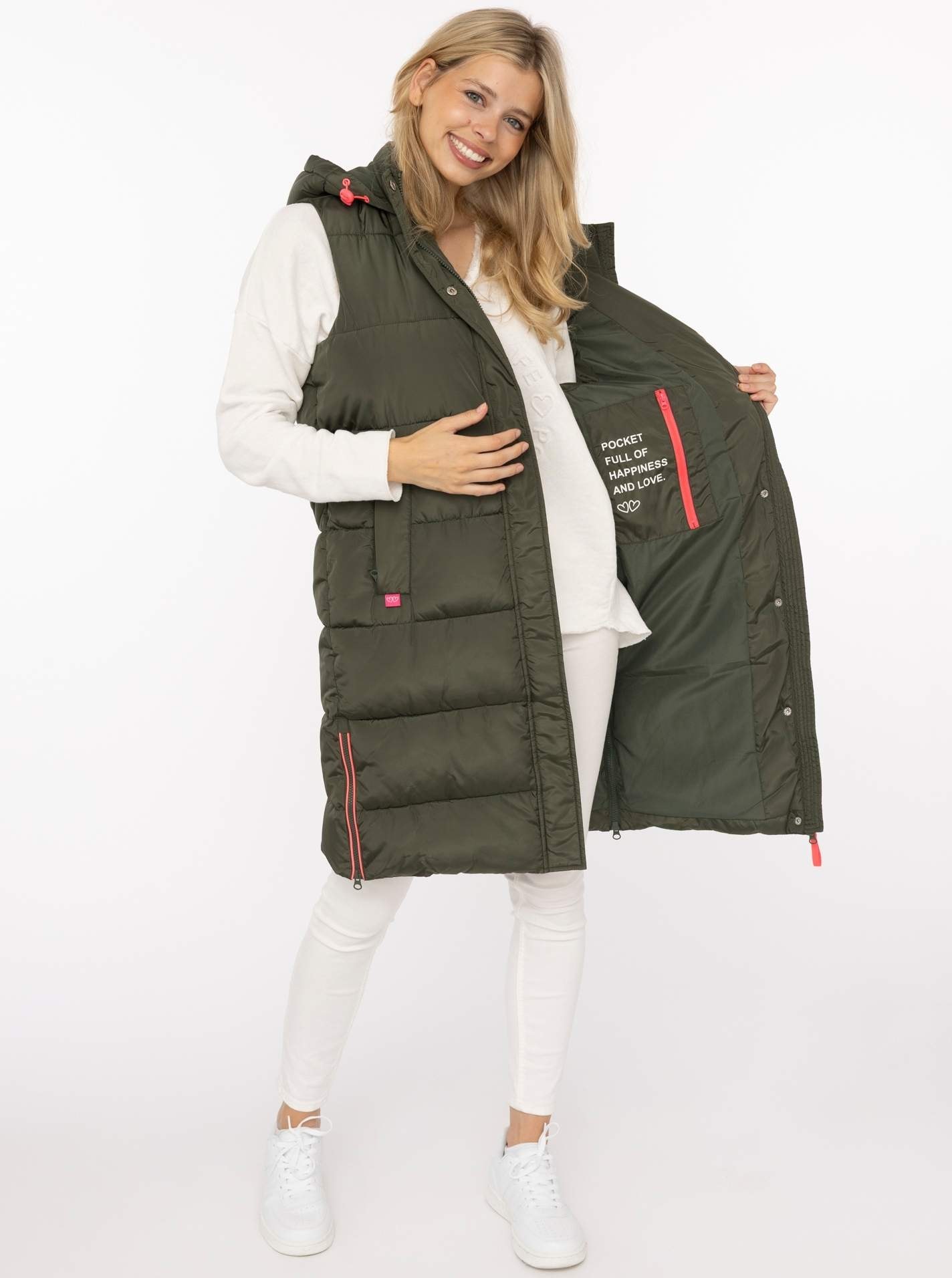 Zwillingsherz Gilet long »„ZH Patch“« avec capuche, fermeture éclair devant et sur les côtés, poches, écussons