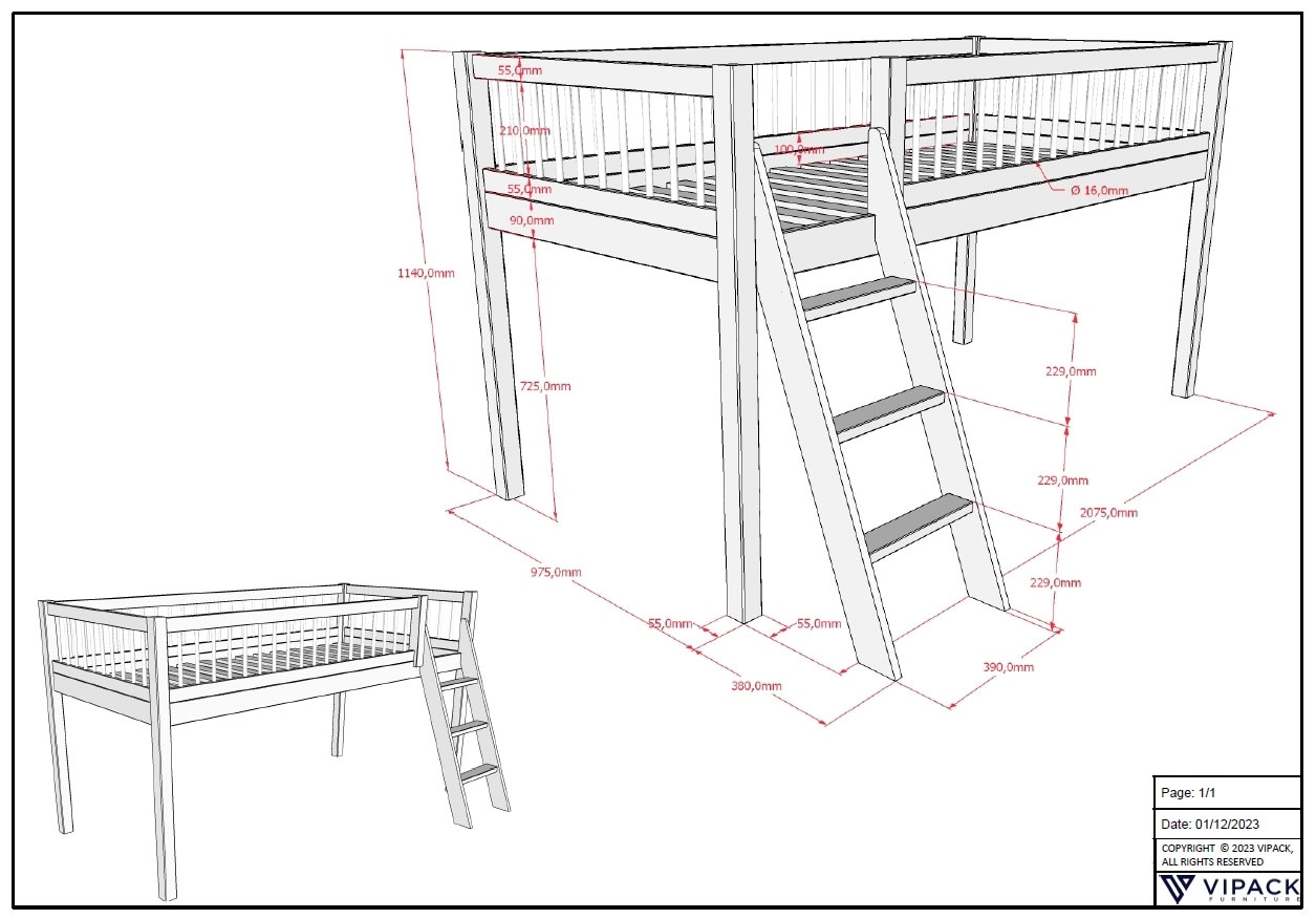 Vipack Spielbett Made in Europe,  aus massiver Eiche geölt, LF 90x2000cm, RR, Leiter u. Absturzschutz