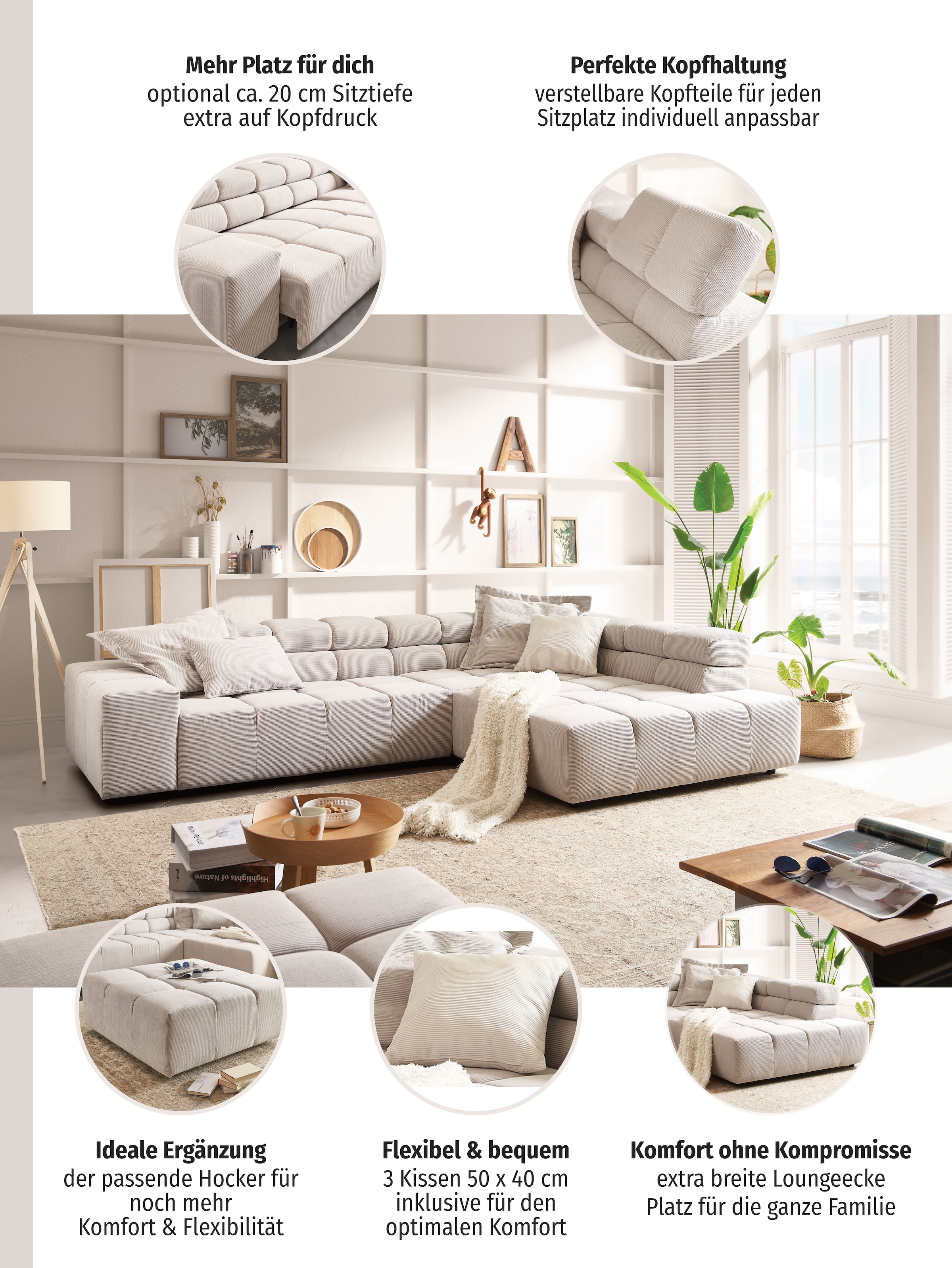Home affaire Ecksofa »Ancona, Ecksofa,  incl. Kopfteilverstellung, Breite 319 cm, L-Form« wahlweise motorische Sitztiefenverstellung, auch in Cord + Easy Care