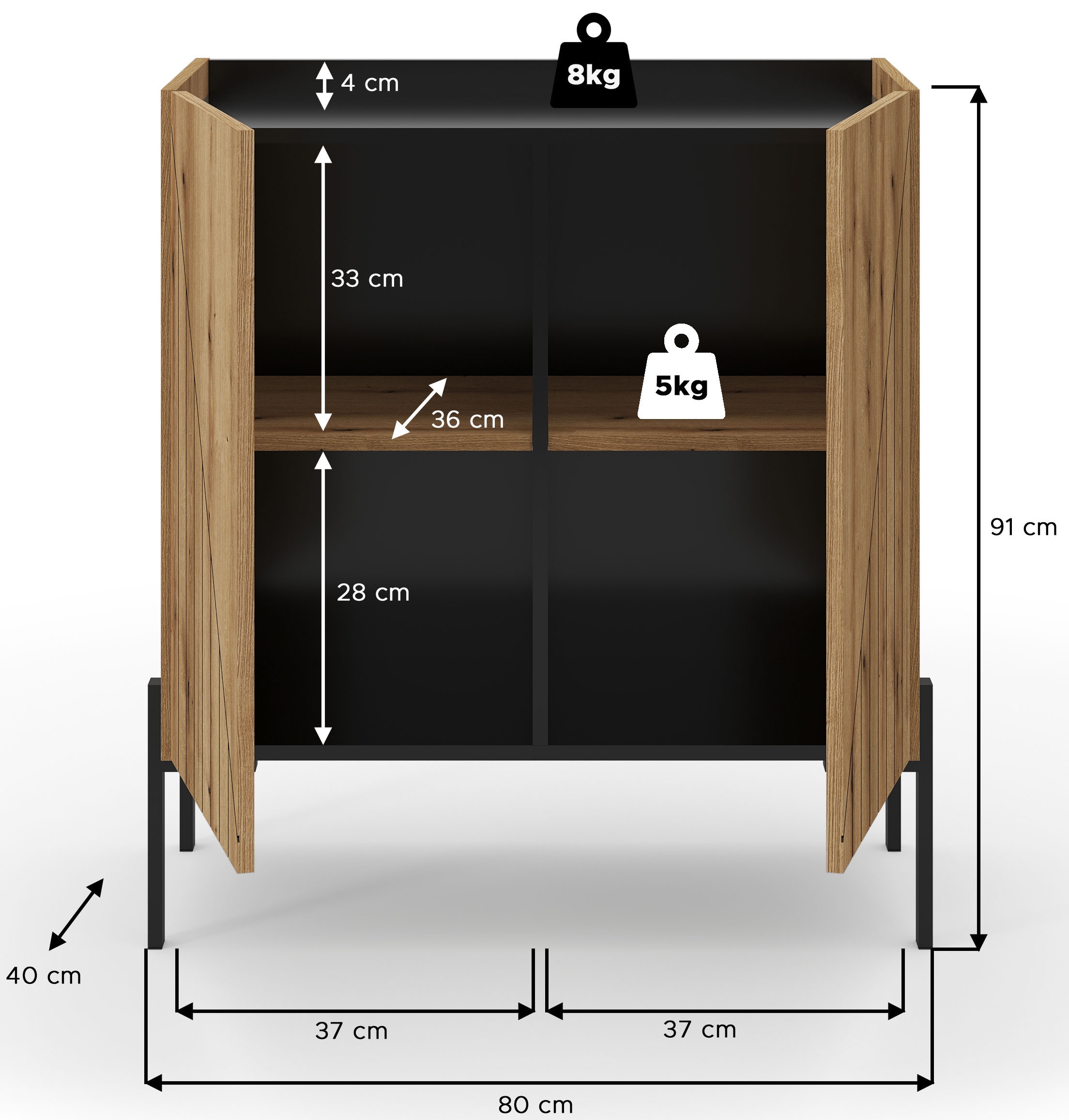 Home affaire Kommode »SNETT, Höhe: 91cm, mit Metall-Stabfüssen, 2 Türen, 2 Einlegeböden« Anrichte, Sideboard, Schrank, Board, Highboard