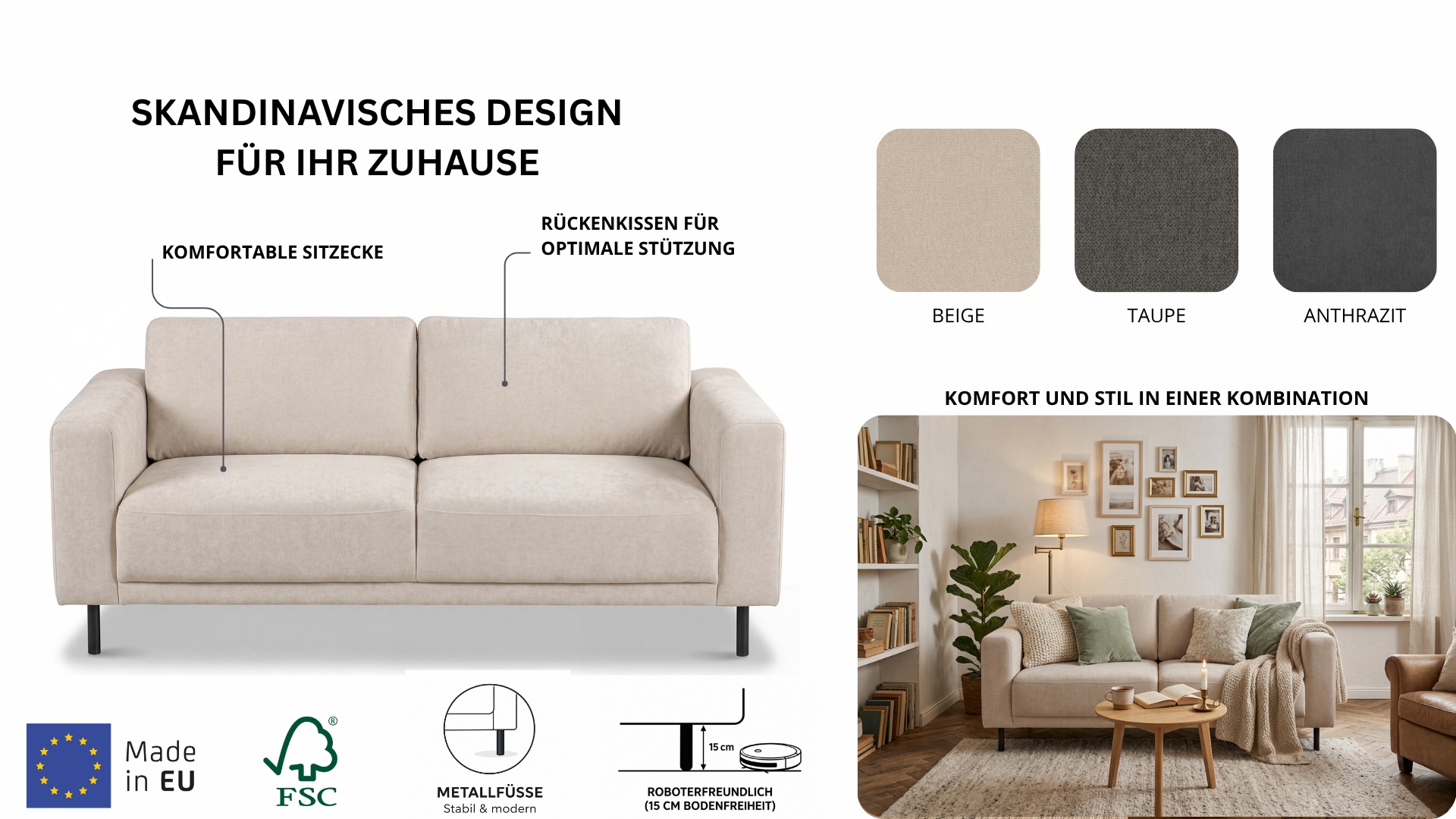 GOODproduct 2,5-places »Sveeva, Kompaktsofa, B.183 cm, schwarze Metallfüsse« tissu structuré durable, avec suspension ondulée, plusieurs couleurs