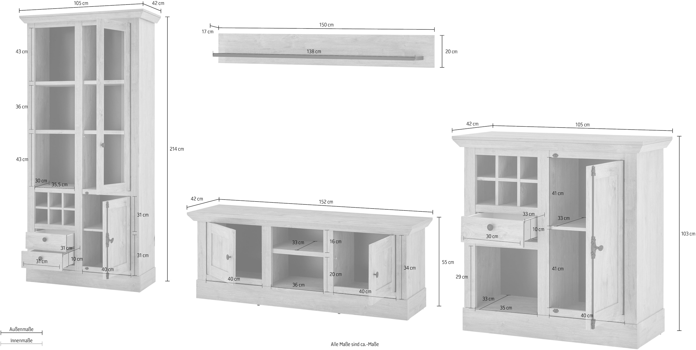 Home affaire Meuble mural »Cornwall, Anbauwand im Landhausstil, Wohnzimmer-Set, Eiche Dekor« Set, 4 cuis tlg.