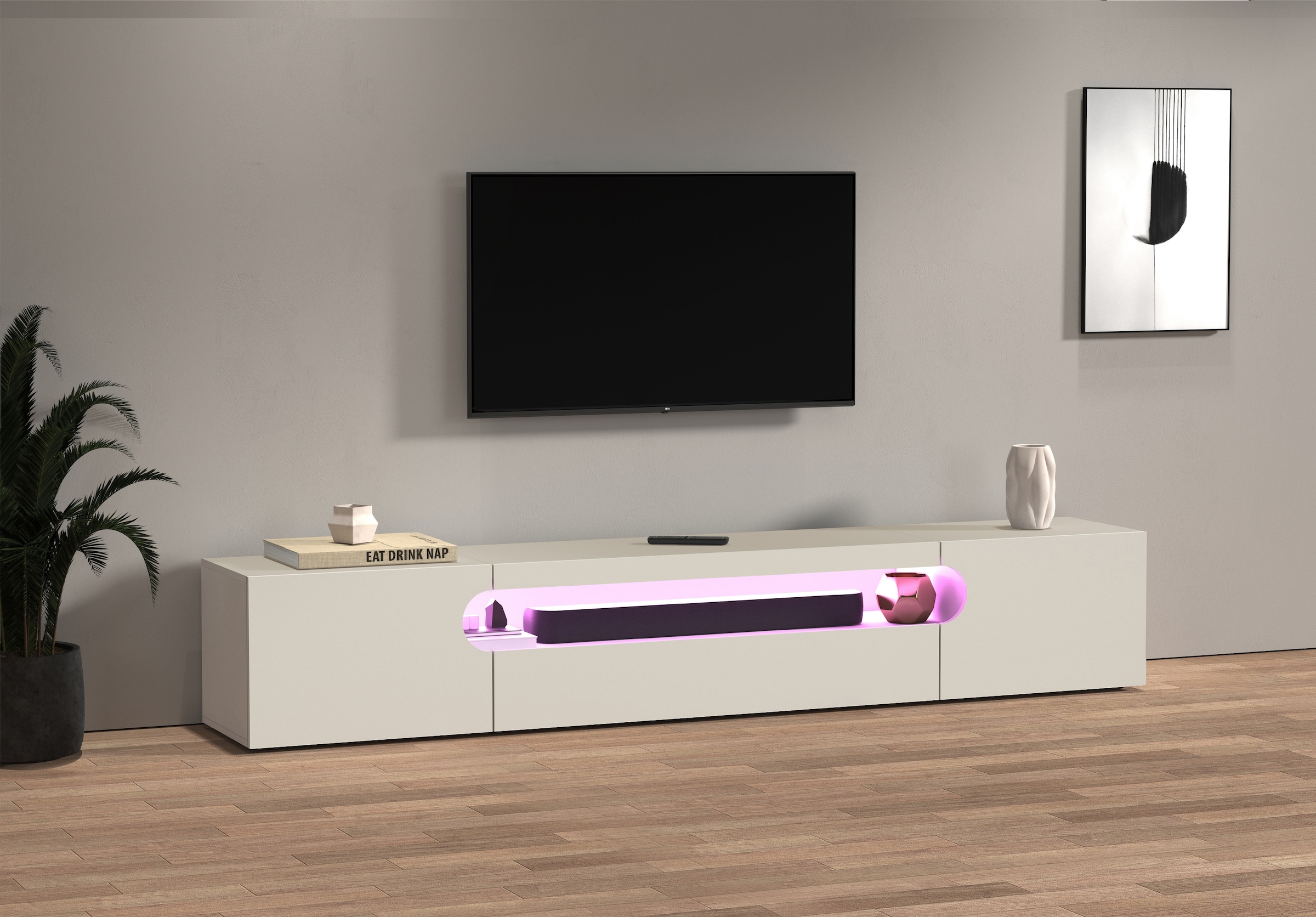 Home affaire Table basse »REAL TV-Möbel, 240 cm breit, 40/60 cm hoch, Hochglanz oder matt« mit 2 abgerundeten Türen, 1 Klappe, die ein ovales offenes Fach bilden