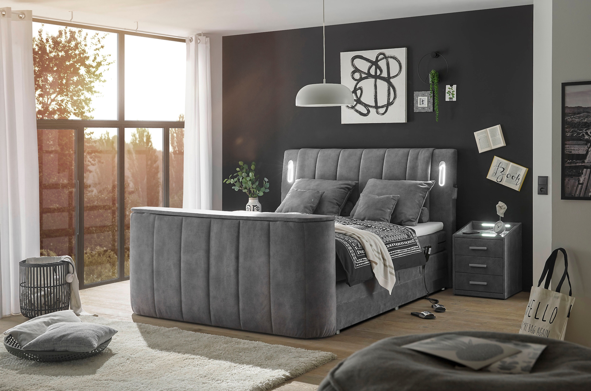 ED EXCITING DESIGN Boxspringbett »Dallas« 6 Stk. tlg. inkl. Topper, LED-Beleuchtung, motorisierter TV Halterung und Motor
