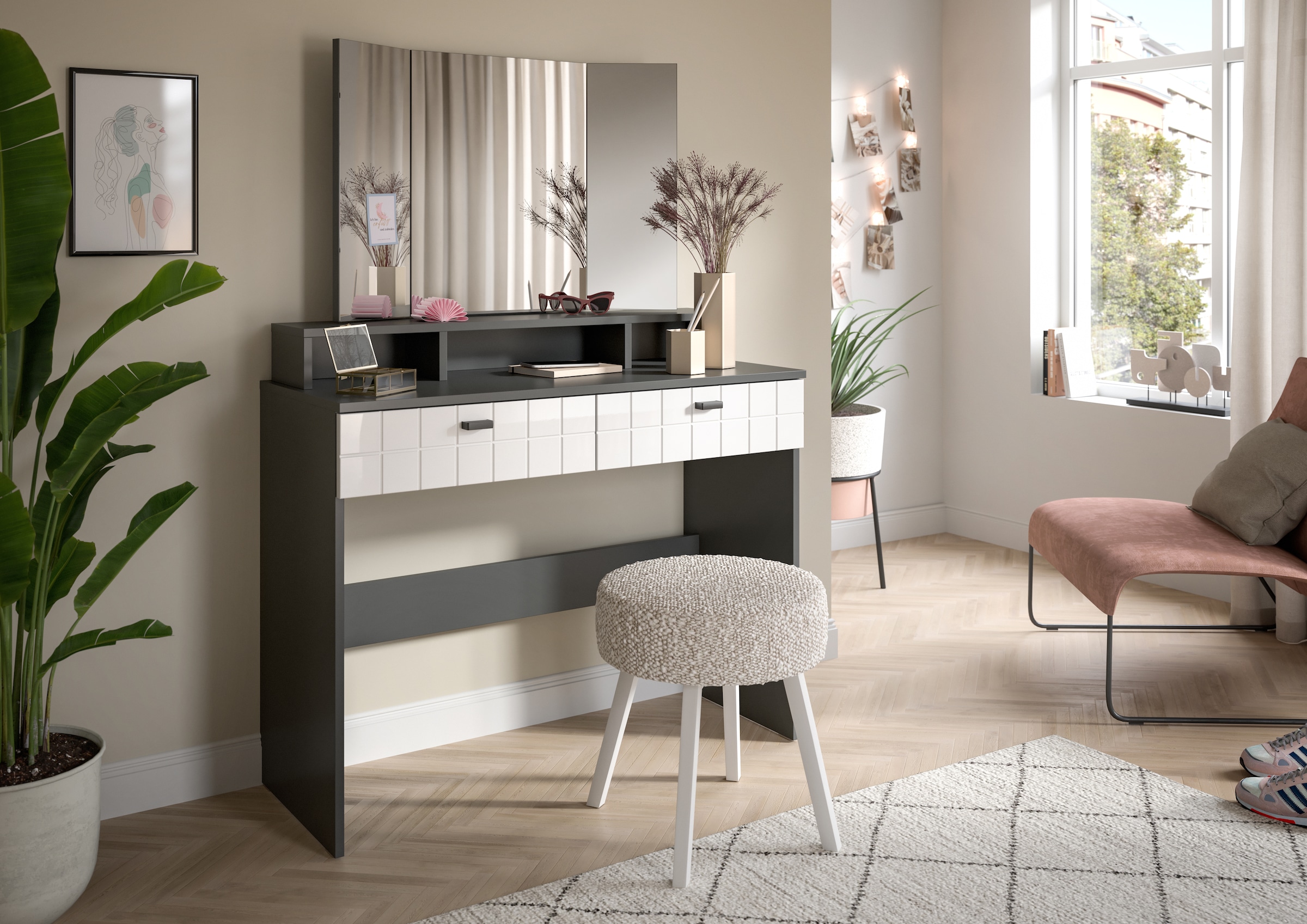 INOSIGN Coiffeuse »GORA, Breite 100 cm, 2 Schubkästen, 1feste & 2 faltbare Spiegelflächen« gefräste Front in Waffeloptik hochglanz, Frisiertisch, Spiegeltisch