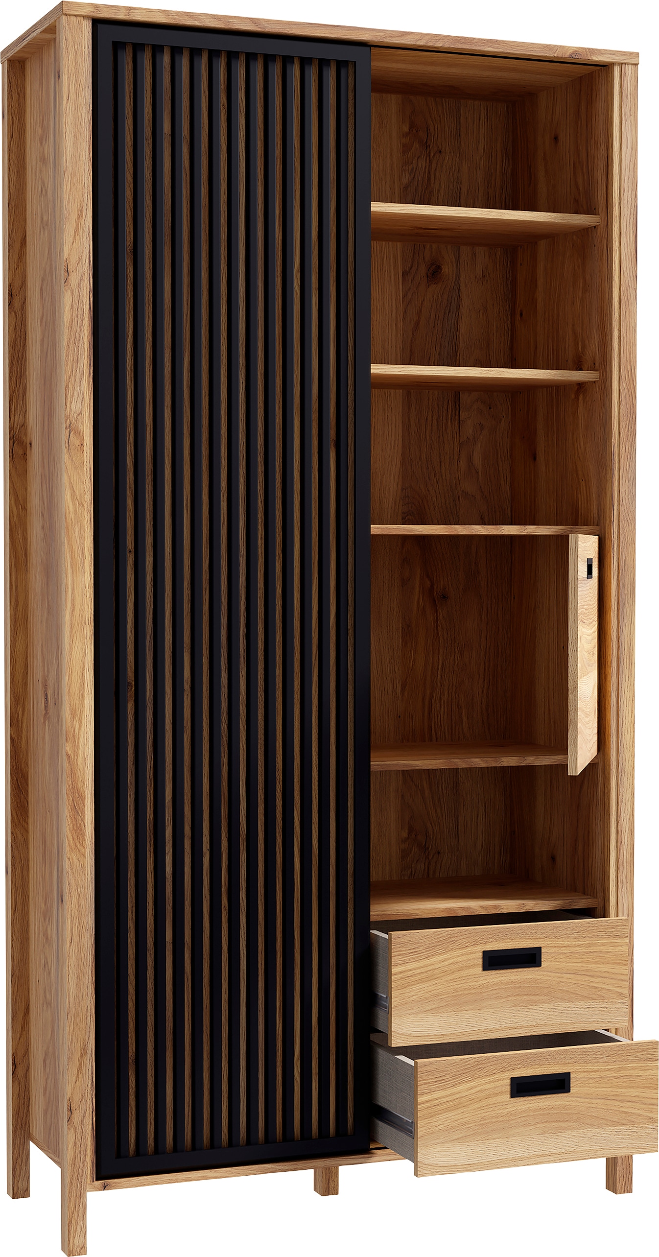 FORTE Highboard »Jytana« Höhe 200,3 cm, Schiebetüre mit Lamellenoptik, Mauvella Eiche / Schwarz