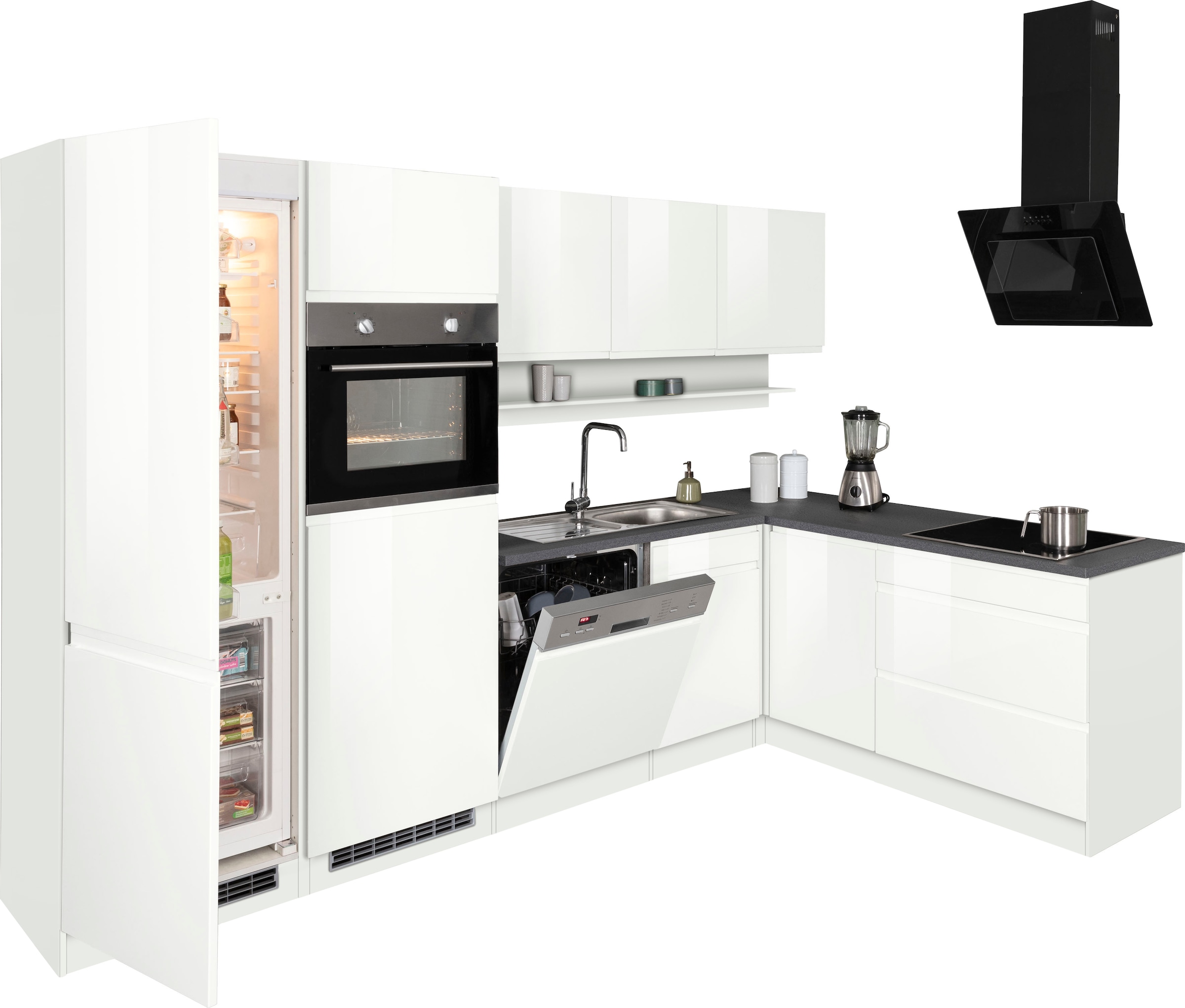 KOCHSTATION Cuisine d'angle »KS-Virginia,neu in verbesserter Ausführung« plan de travail épaisseur 38 mm, rangement, fermeture douce,  Largeur réglable 290/180 cm, Soft-Close, sans appareils électriques