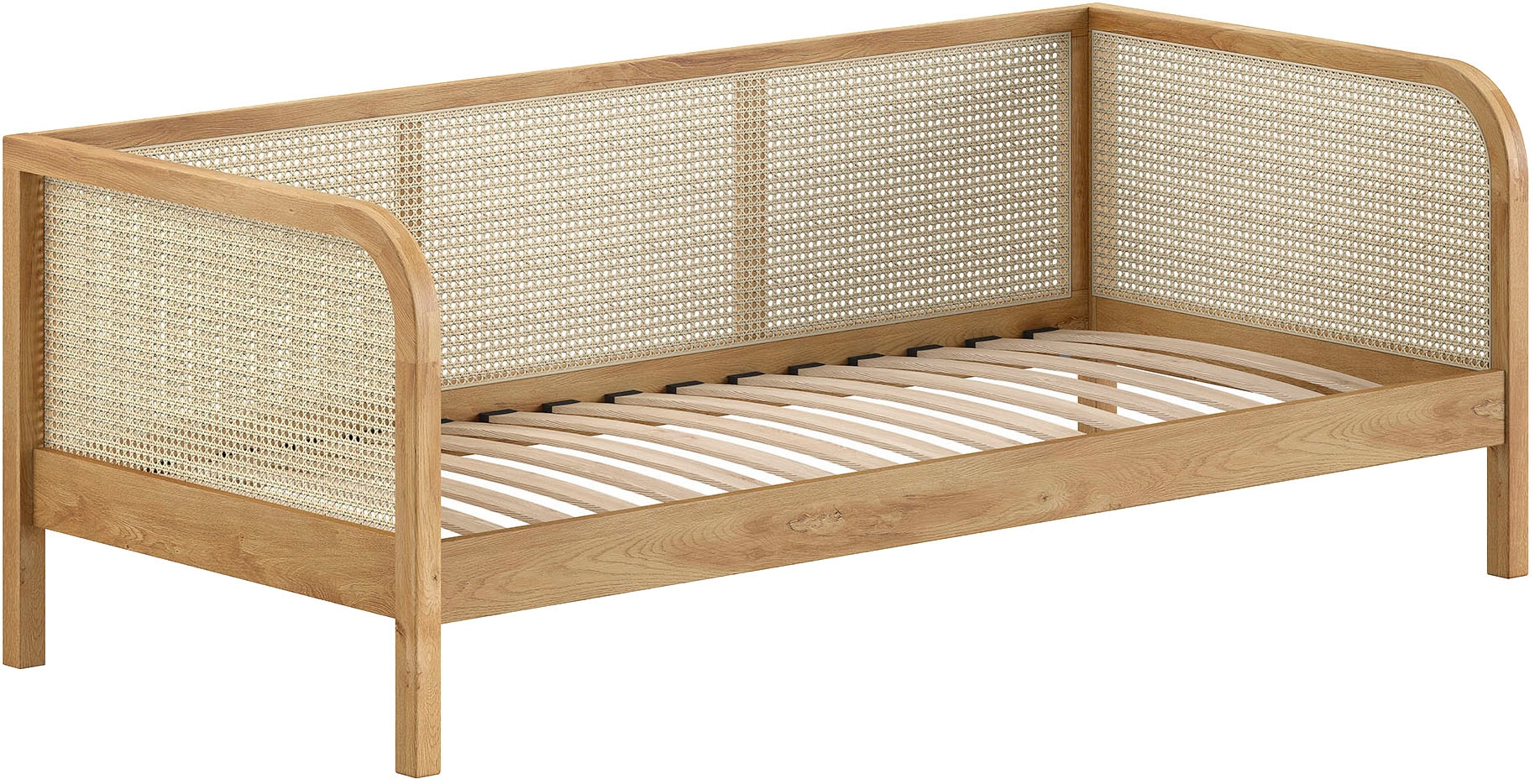 Vipack Lit »Olive, mit Eiche massiven Bettpfosten, Bettseiten furniert« L/H/P env. 210x75x96,6 cm, finition naturelle, design intemporel,  90/200 incl. sommier à lattes et têtes et côtés en rotin tendance