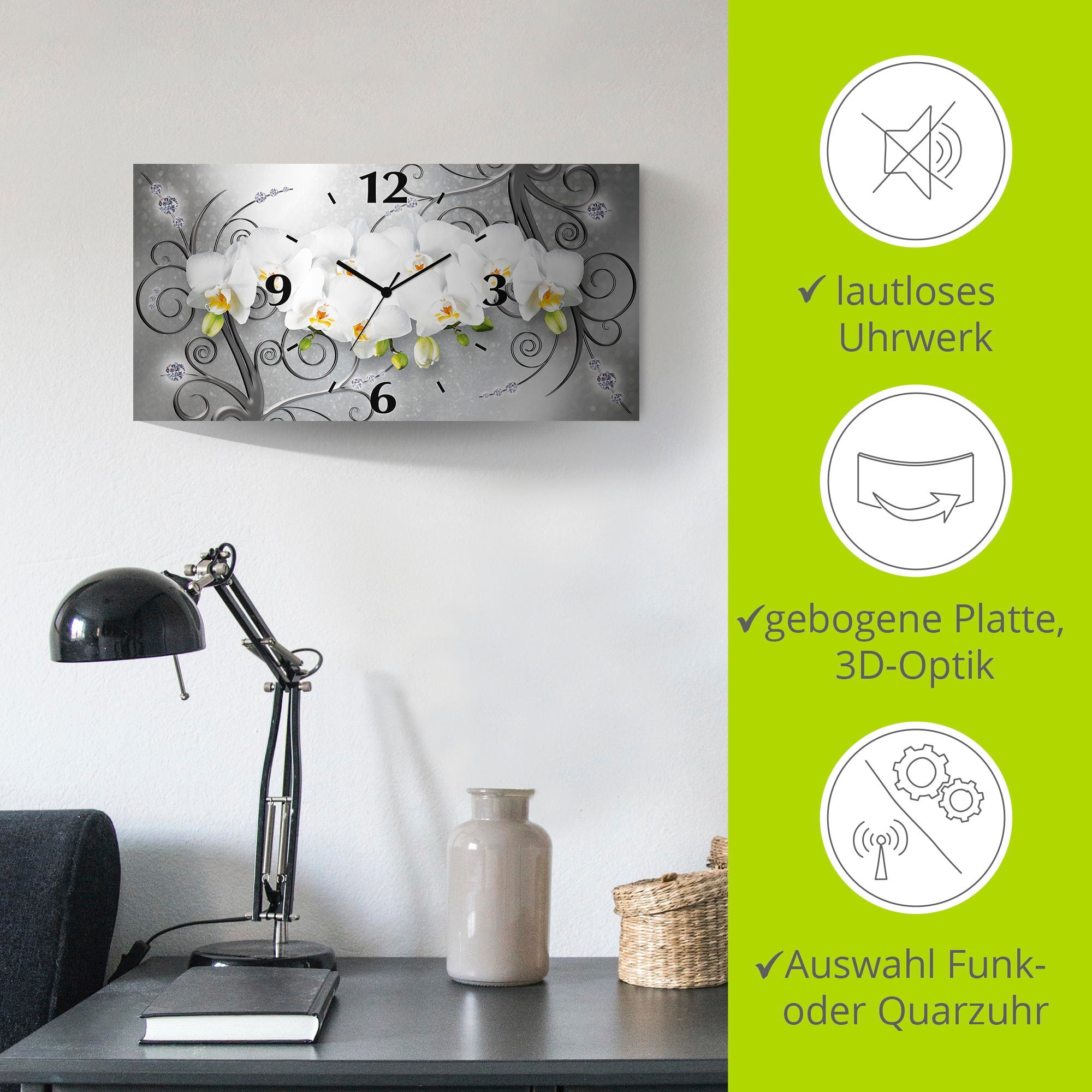 Artland Horloge murale »weisse Orchideen auf Ornamenten« 3D Optik gebogen, mit Quarz- oder Funkuhrwerk, versch. Grössen