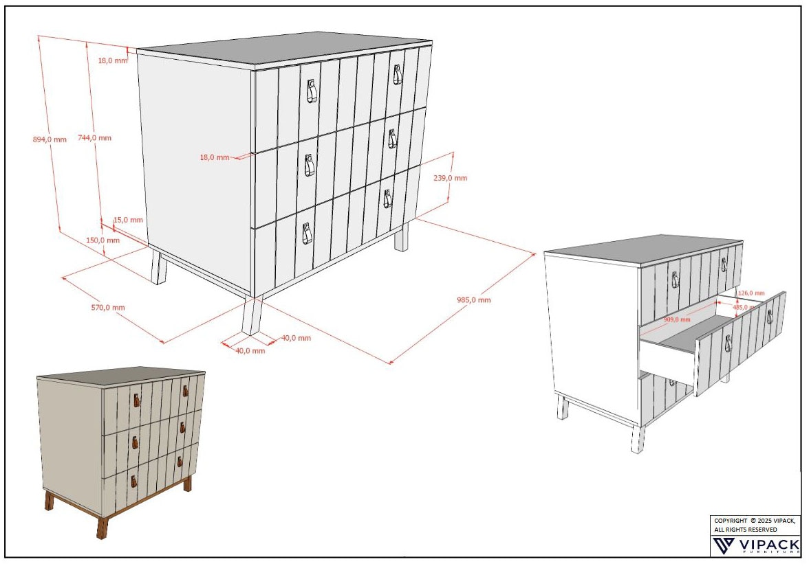 Vipack Commode »Sezane mit Front in Rillen-Optik und Griffschlaufen« mDF peint couleur argile, boucle de poignée marron, socle couleur noyer