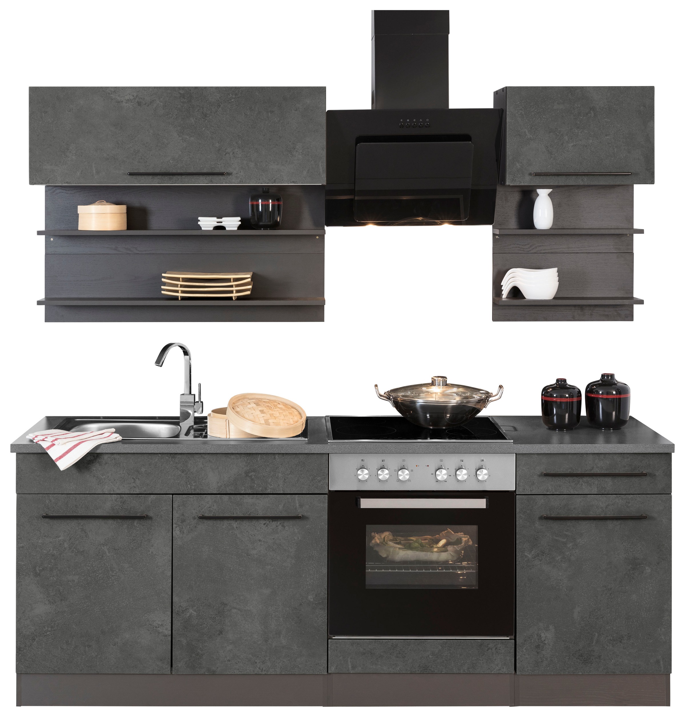 KOCHSTATION Küchenzeile »KS-Tulsa« Breite 210 cm, schwarze Metallgriffe, hochwertige MDF Fronten