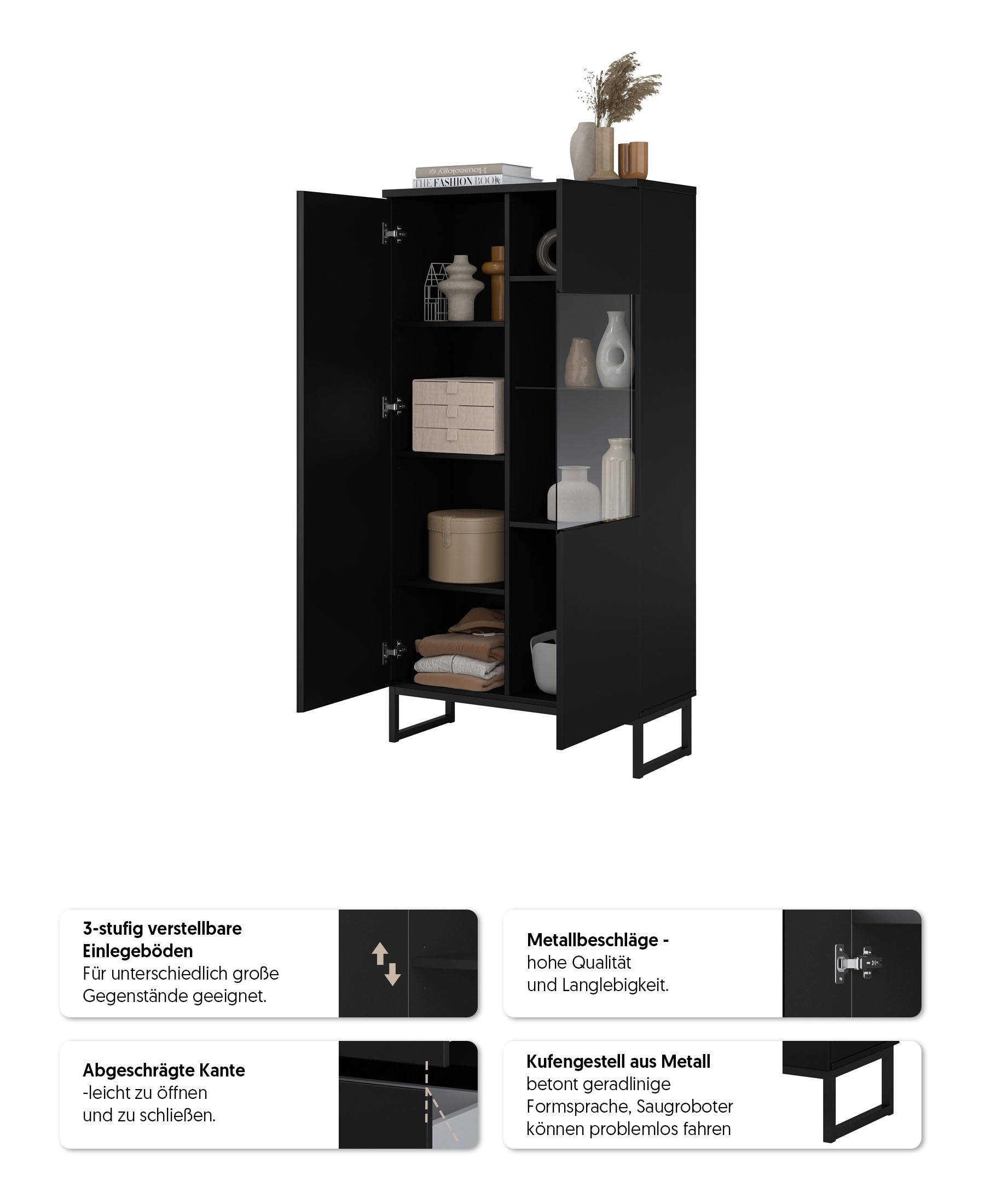 GOODproduct Vitrines »Modo II, Breite 80 cm, moderner griffloser Vitrineschrank« vitrine avec beaucoup d’espace de rangement, étagères réglables, porte en verre, patins en métal