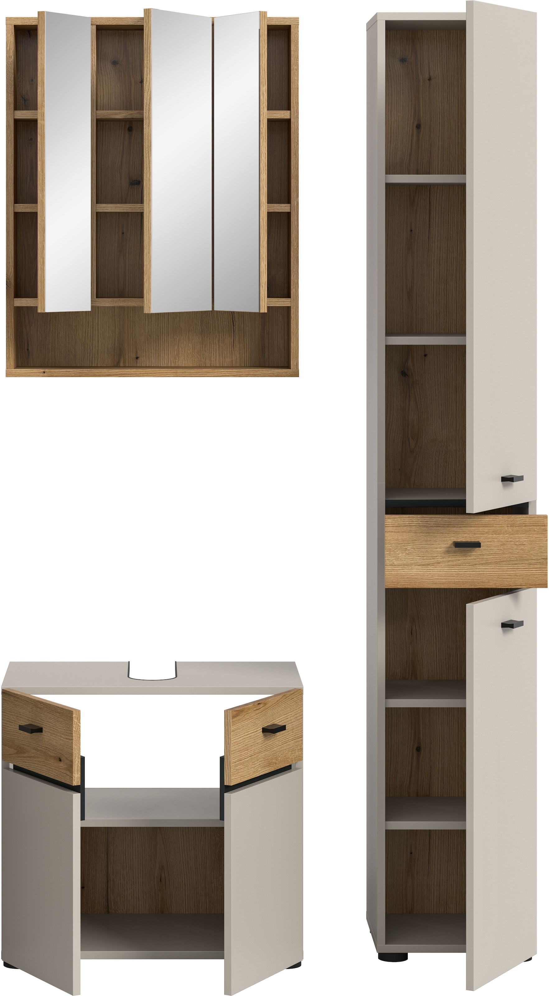 welltime Ensemble de meubles de salle de bain »VANN, 3-teilige moderne Badkombination, individuell stellbar« 1x Waschbeckenunterschrank, 1x Spiegelschrank, 1x Hochschrank, 3 cuis tlg.