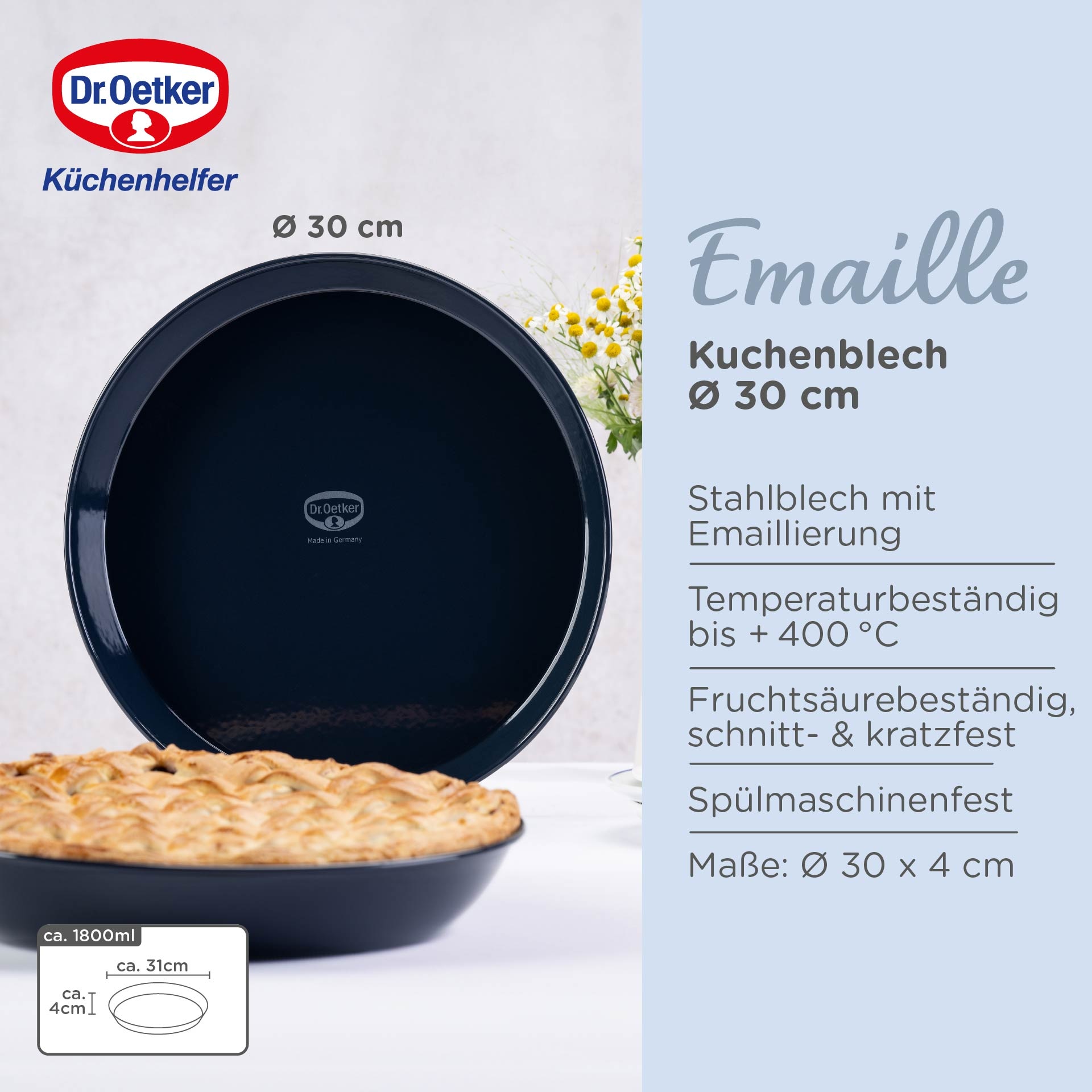 Dr. Oetker Küchenhelfer Plaque à gâteaux »Back-Liebe Emaille, 30 cm« 1 cuis tlg. Schnitt- & kratzfeste Backform mit Emaille & Antihaft-Beschichtung