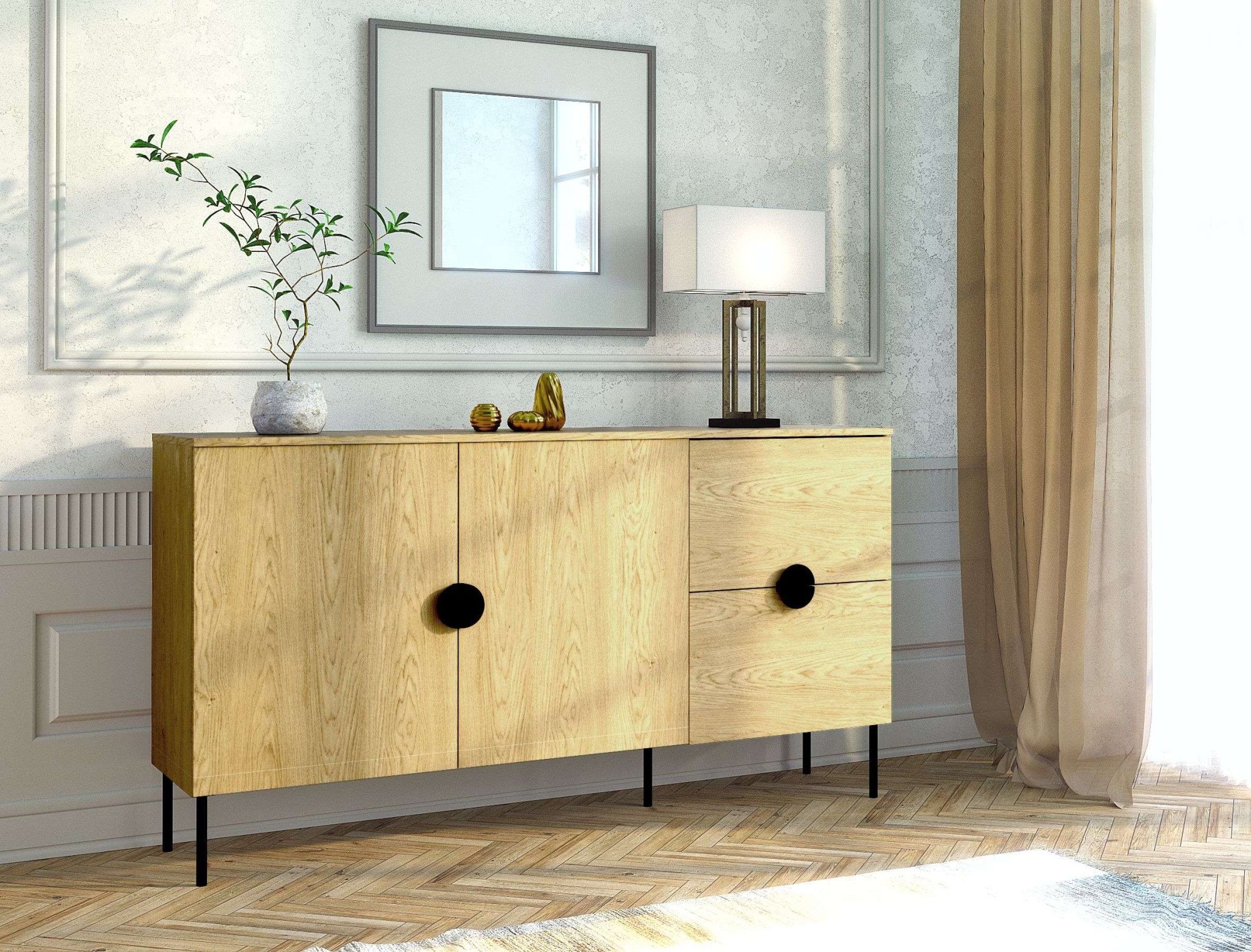 Home affaire Commode »BELLOT Sideboard mit 2 Schubladen und 2 Türen, B/T/H: 213/40/87,6 cm« Schubkastenkommode mit Metallgriffen und viel Stauraum