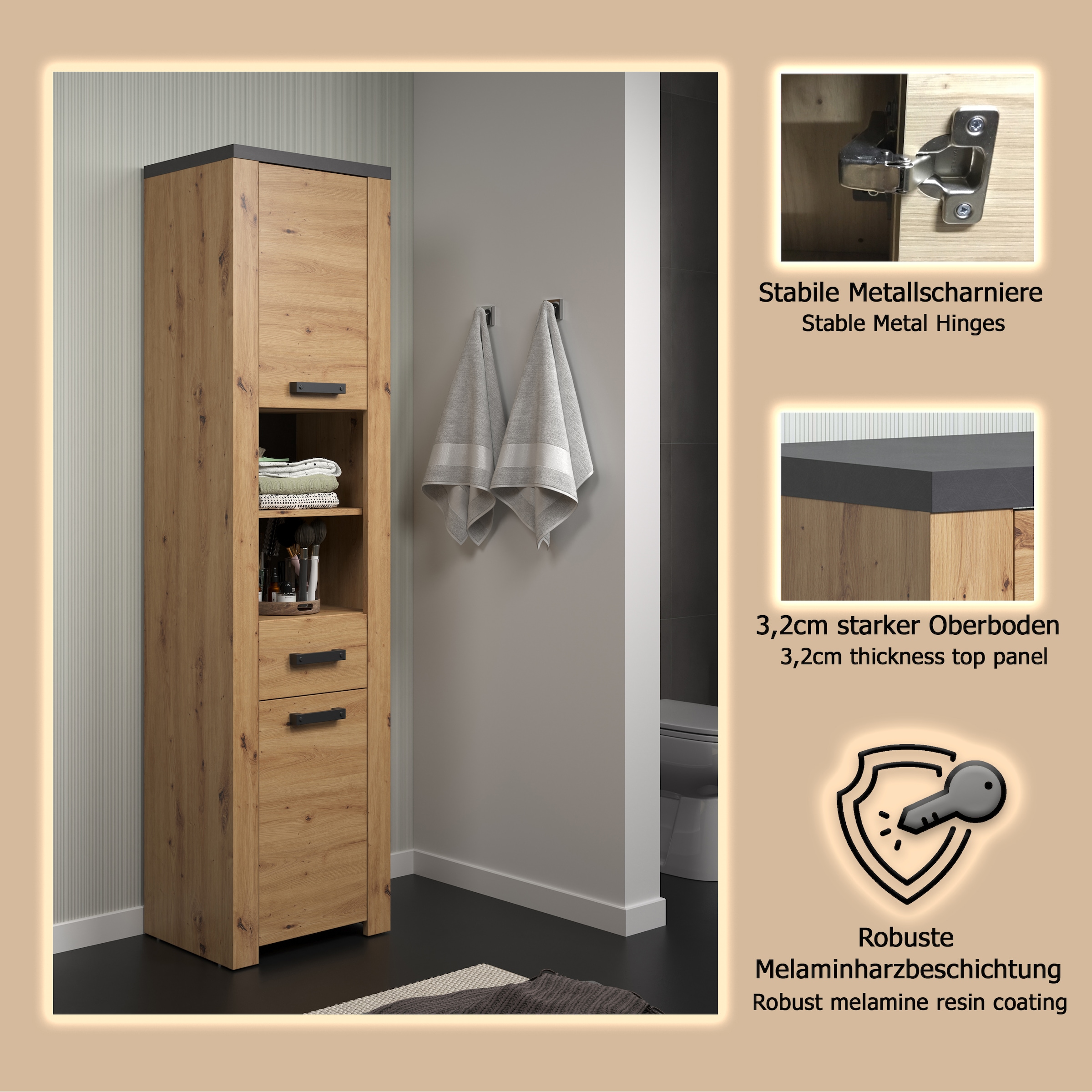 welltime Armoire haute »Ambres« 1 cuis tlg. Hochschrank mit Soft-Close Funktion - (B/T/H) 53/35/196 cm