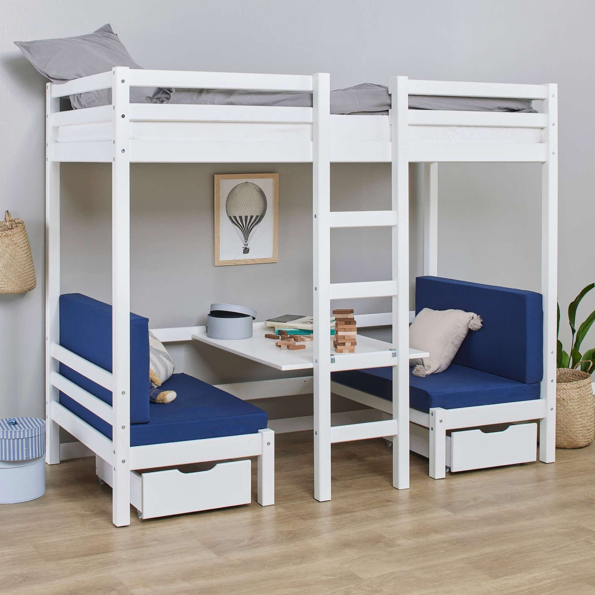 Hoppekids Etagenbett »ECO Dream JUMBO Hochbett B/T/H 101/208/170 cm, umbaubar zum Etagenbett« Kissen-Set in Pink, Blau oder Schwarz für Sitzgruppe inkl. Tisch