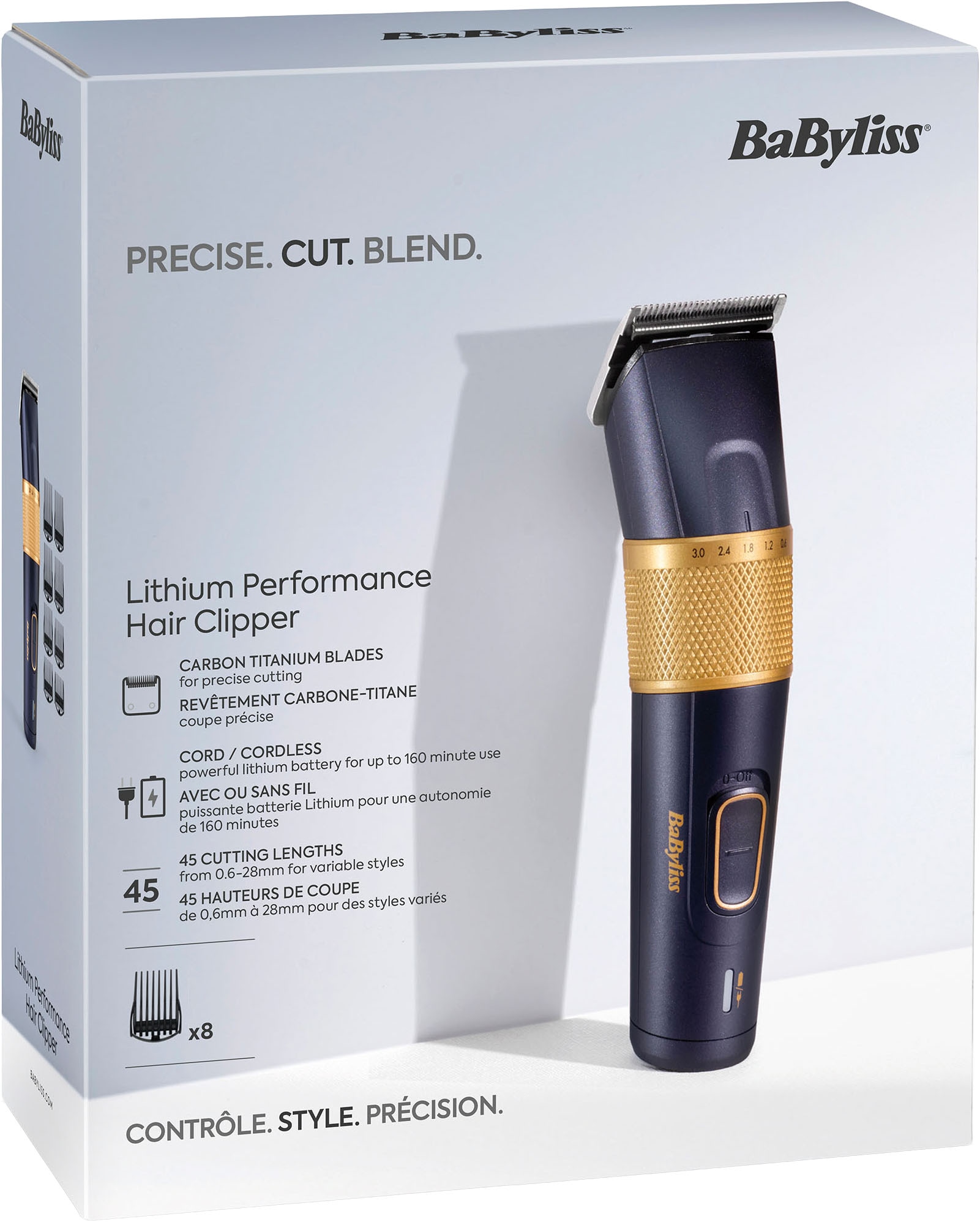 BaByliss Tondeuse à cheveux »Lithium Power Haarschneider E986E mit Karbon-Titanium-Klingen« 8 Aufsätze Lithium-Ionen-Akku für lange Laufzeit, 45 Schnittlängen