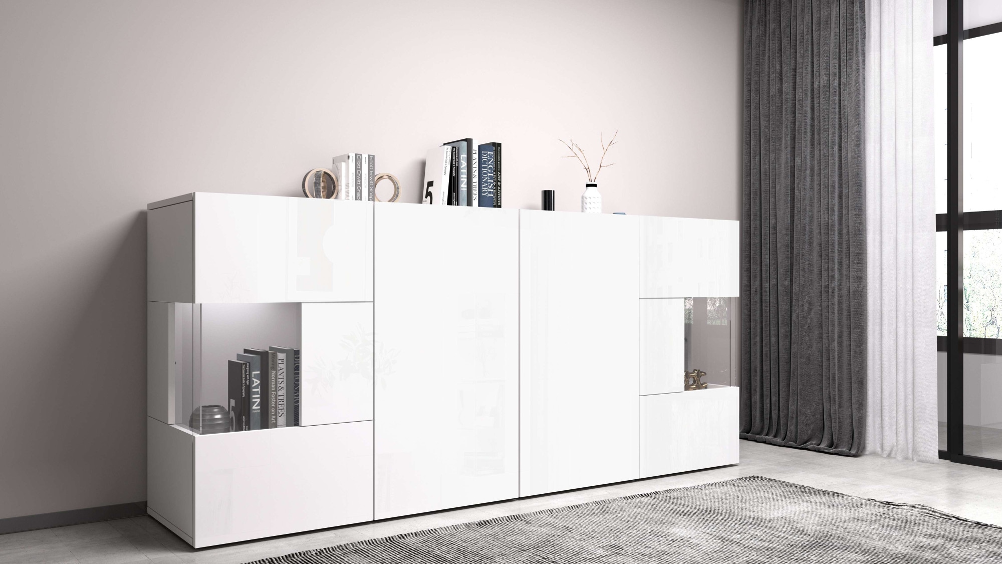 GOODproduct Sideboard »Egypt, Kommode, Schrank, Kredenz, Vitrine grifflos« 4 Türen davon 2 mit Glaseinsatz, kompl. Hochglanz lackiert, Breite 180