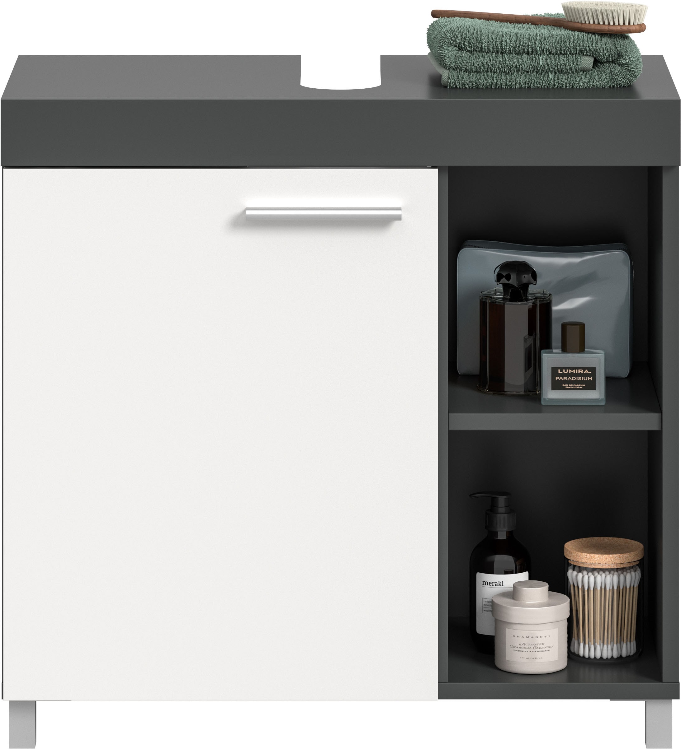 welltime Armoire sous lavabo »HANO,  Badezimmer, WBU, Waschtisch,  Kommode, Unterschrank« in 2 verschiedenen Farben und 2 verschiedenen Ausstattungen erhältlich,  1 Tür, 2 höhenverstellbare E-Böden, 4 Fächer, mit Siphonausschnitt