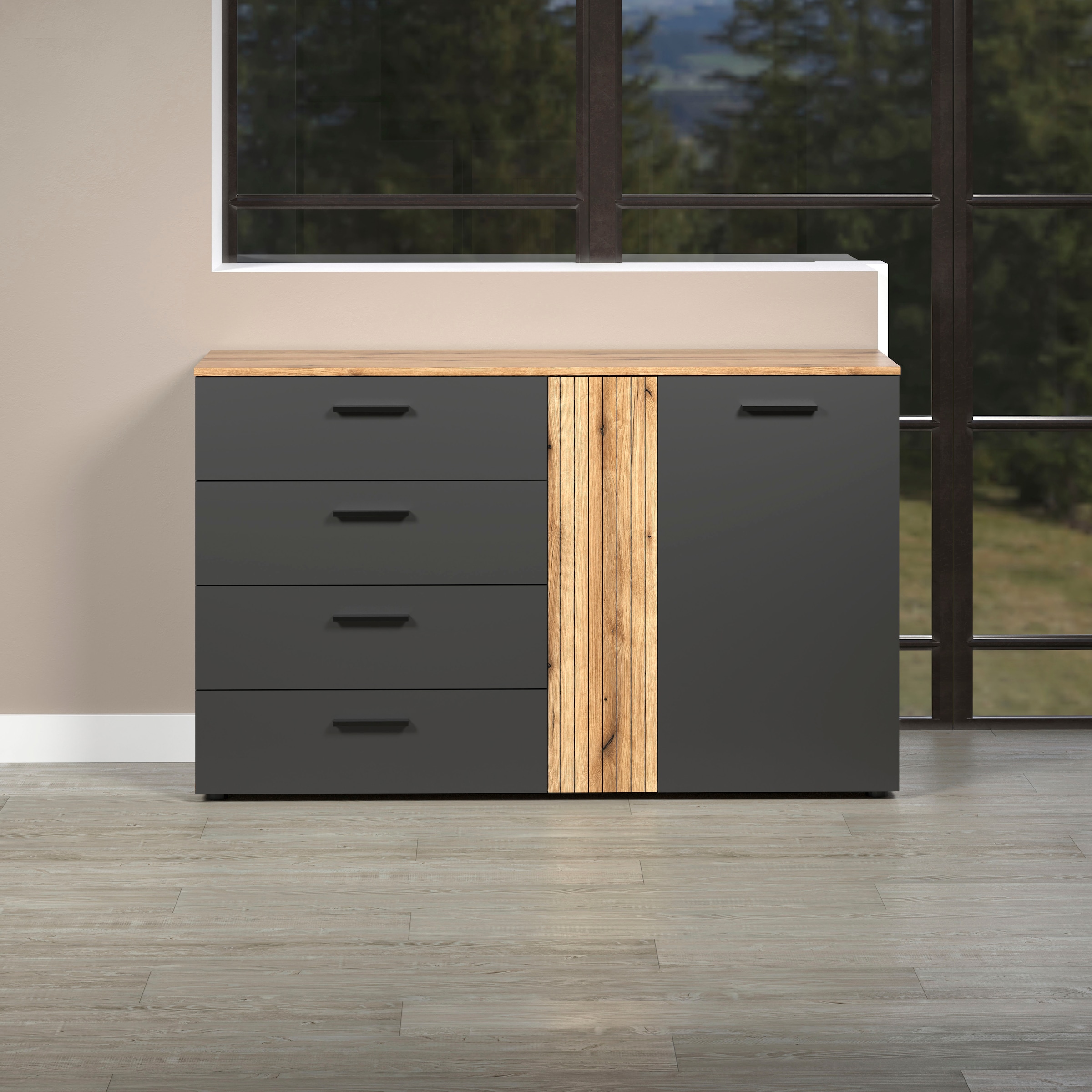 Home affaire Commode »Estepona« 1 cuis tlg. armoire à tiroirs à effet rainuré avec fonction de sortie totale