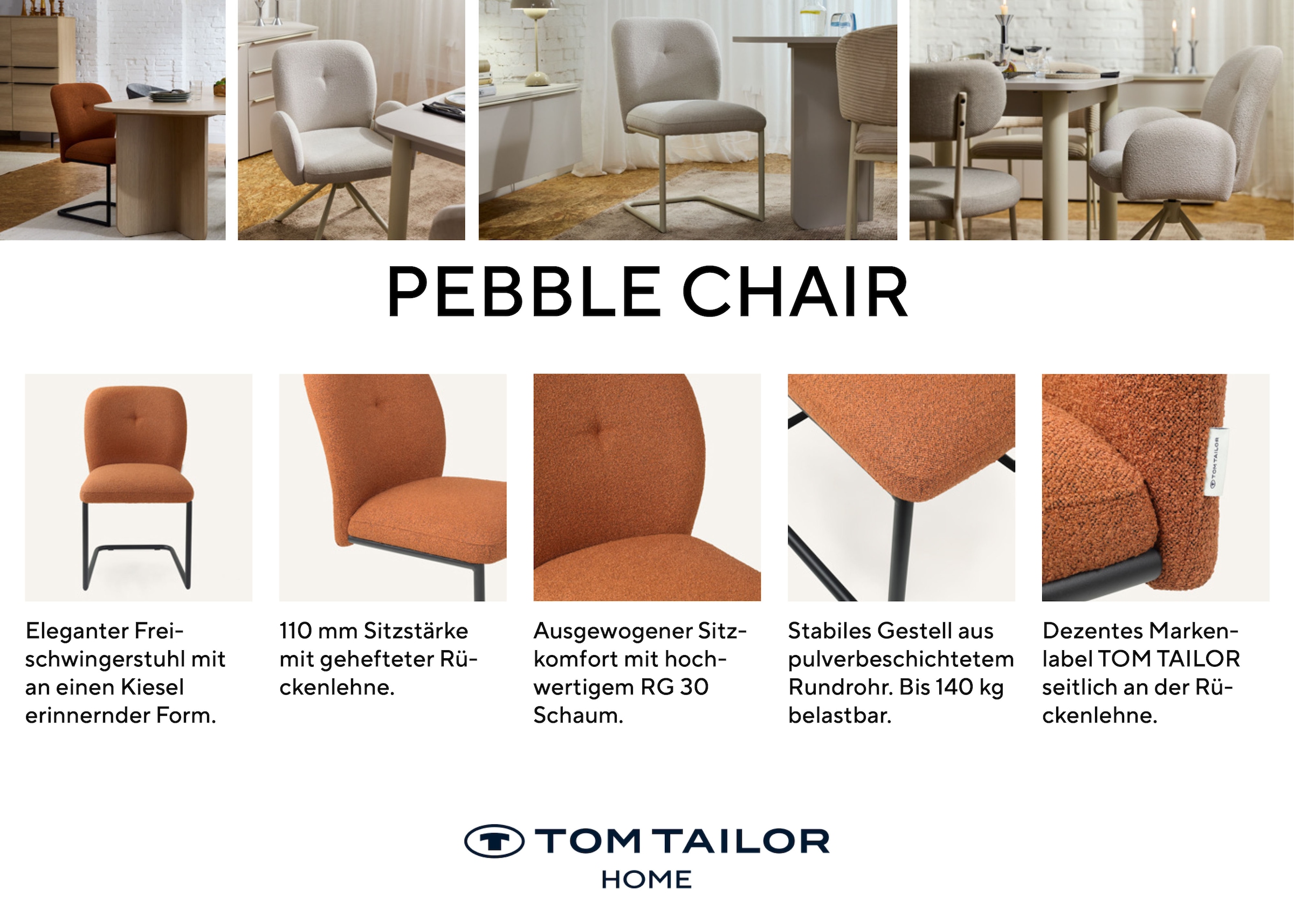 TOM TAILOR HOME Chaise cantilever »PEBBLE CHAIR« (Set) 2 cuisEsszimmerstuhl, Freischwinger, 140 kg belastbar, Rundrohrgestell