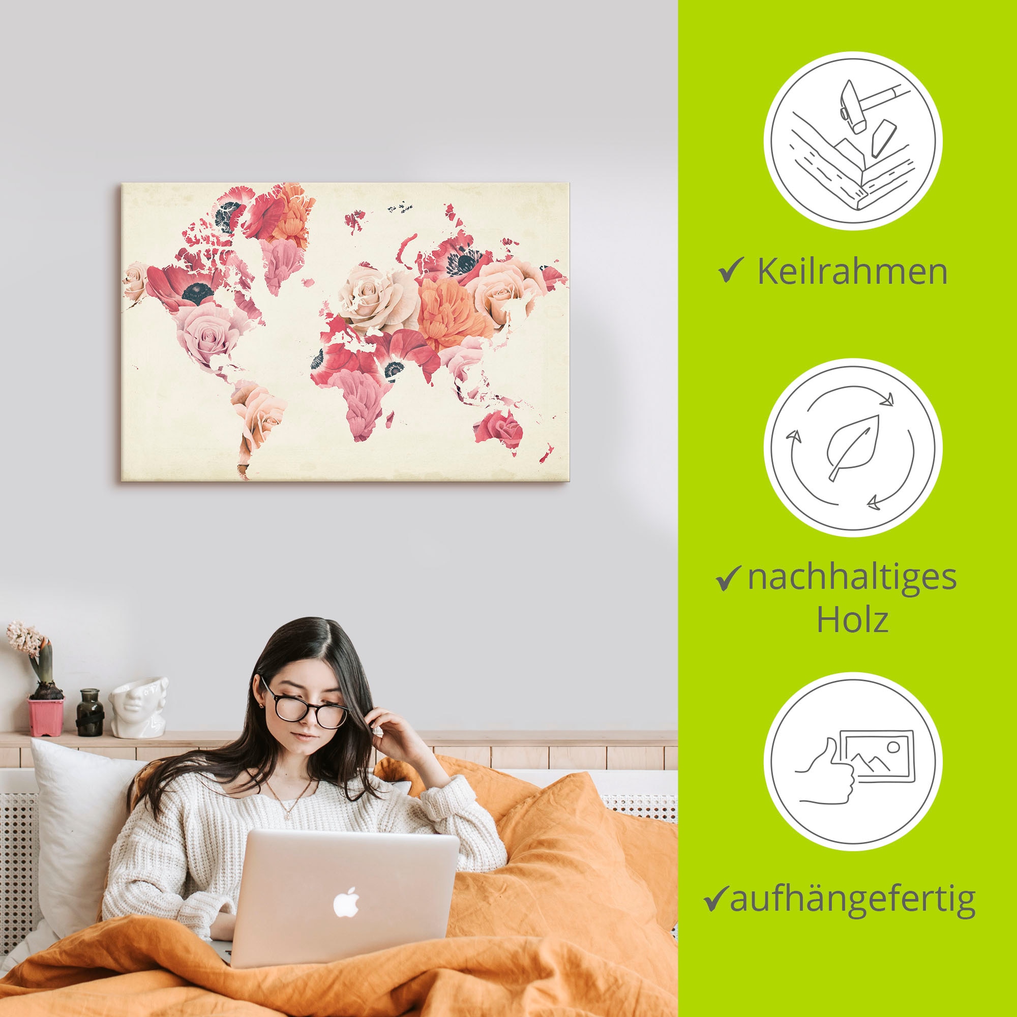 Artland Leinwandbild »Erde lacht in Blumen« Land- & Weltkarten 1 Stk. tlg. auf Holzrahmen gespannt